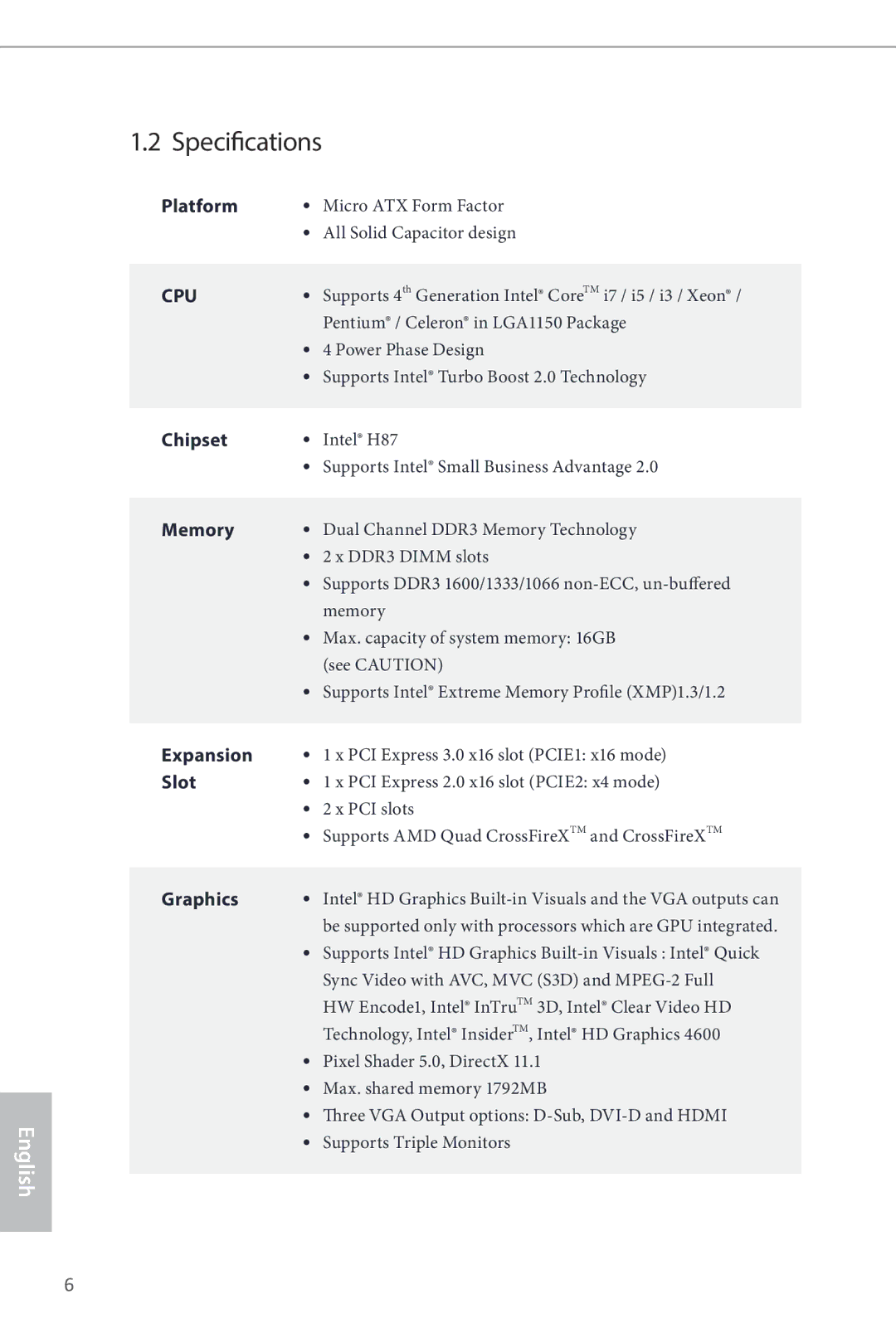 ASRock H87M manual Specifications 