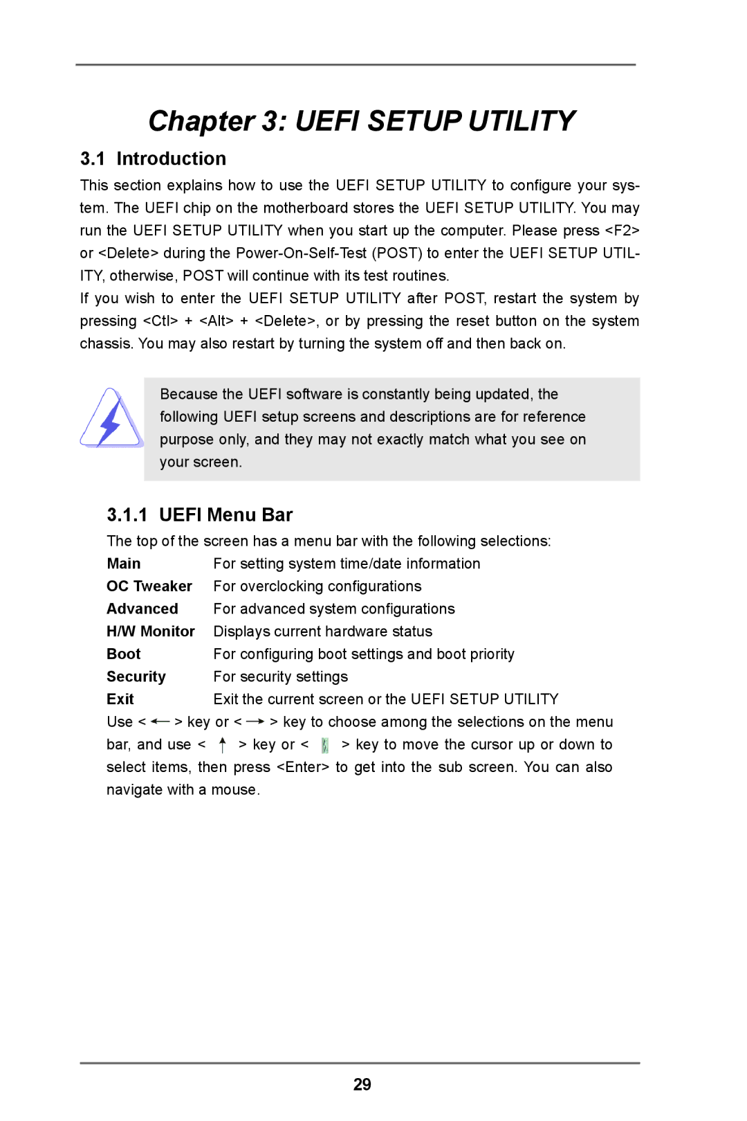 ASRock IMB-110 Series manual Introduction, Uefi Menu Bar 