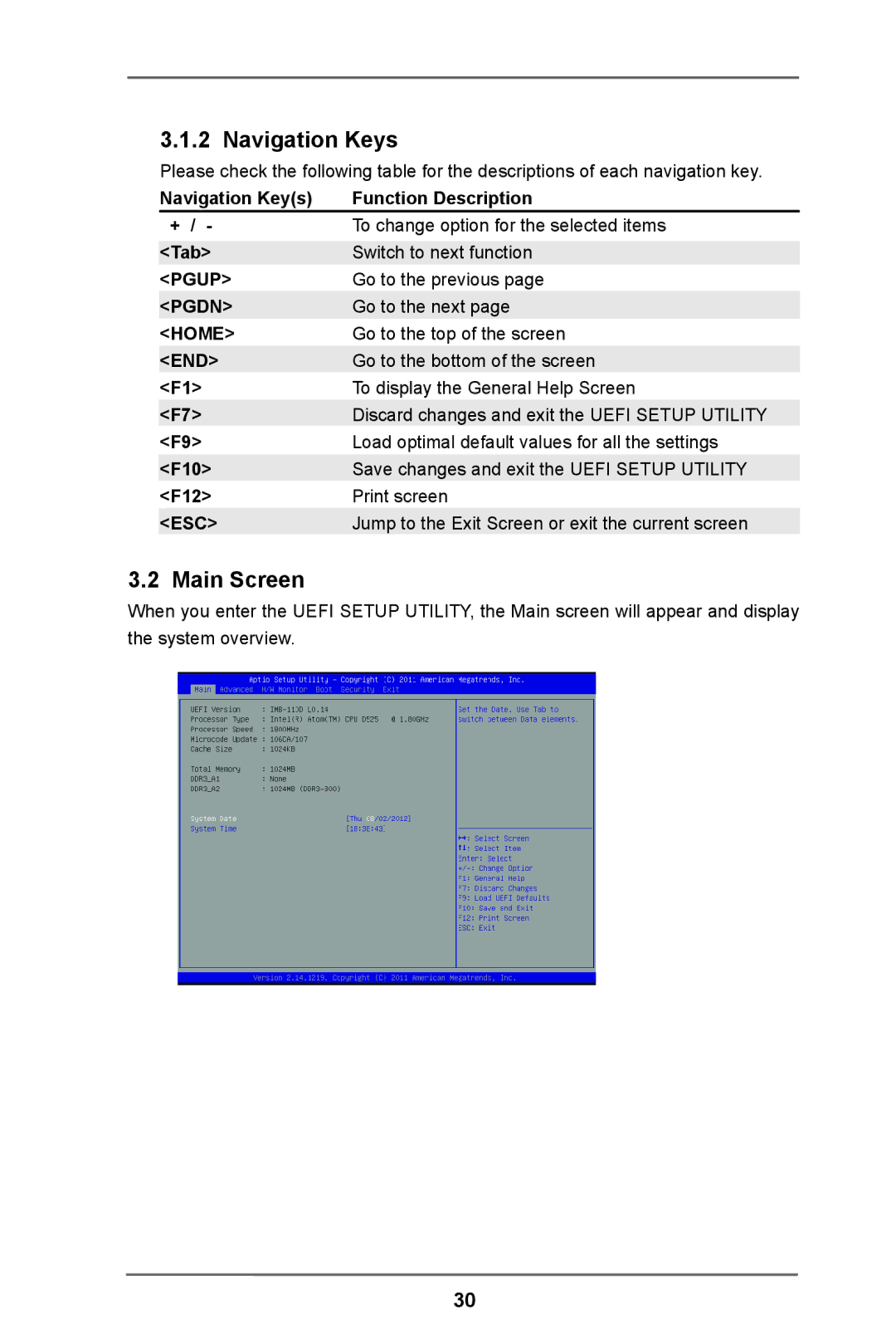 ASRock IMB-110 Series manual Navigation Keys, Main Screen 