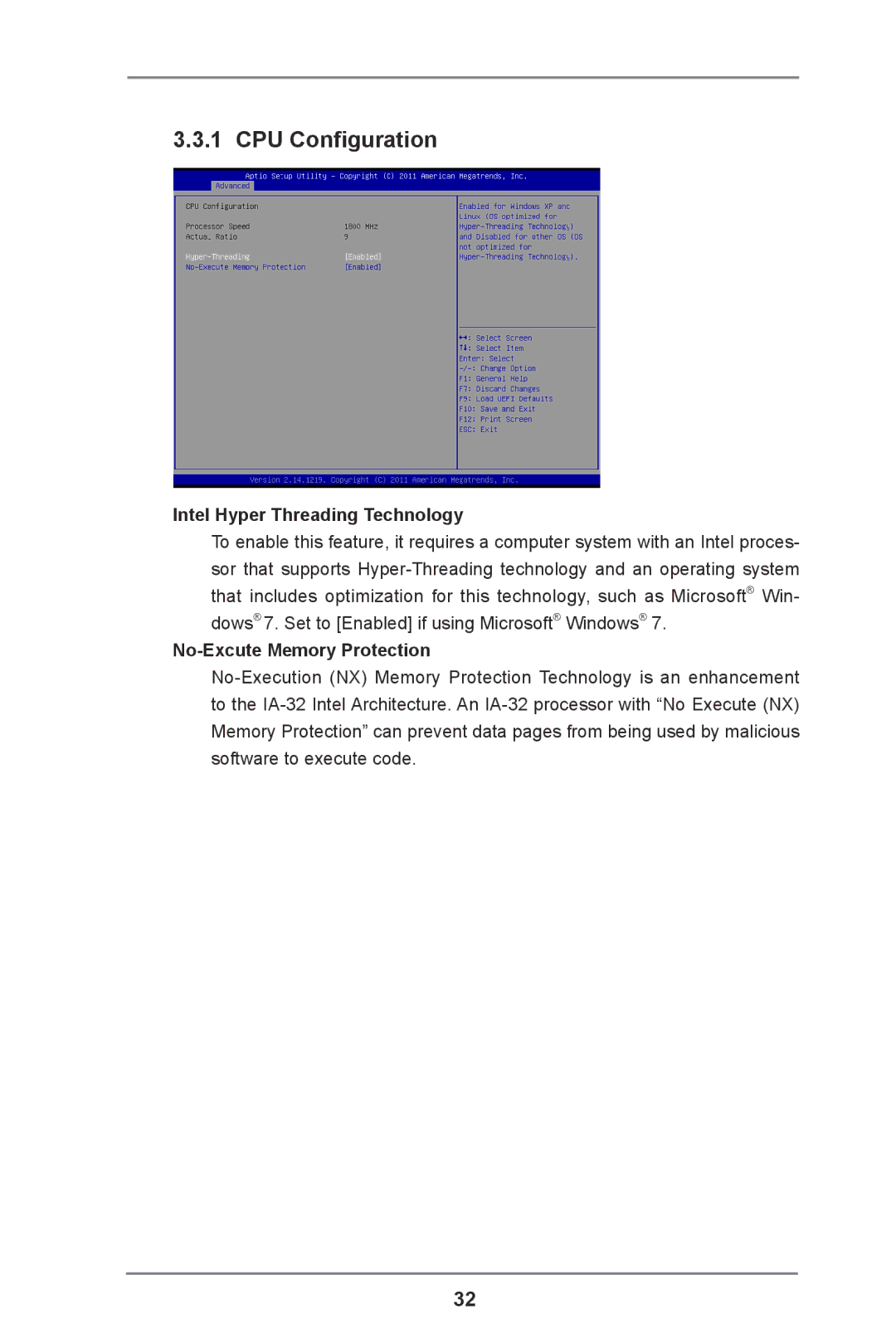 ASRock IMB-110 Series manual CPU Configuration, Intel Hyper Threading Technology, No-Excute Memory Protection 