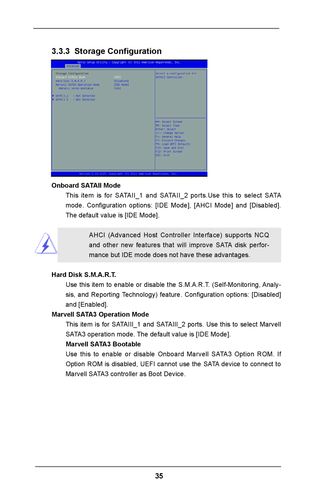 ASRock IMB-110 Series manual Storage Configuration, Onboard Sataii Mode, Hard Disk S.M.A.R.T, Marvell SATA3 Operation Mode 