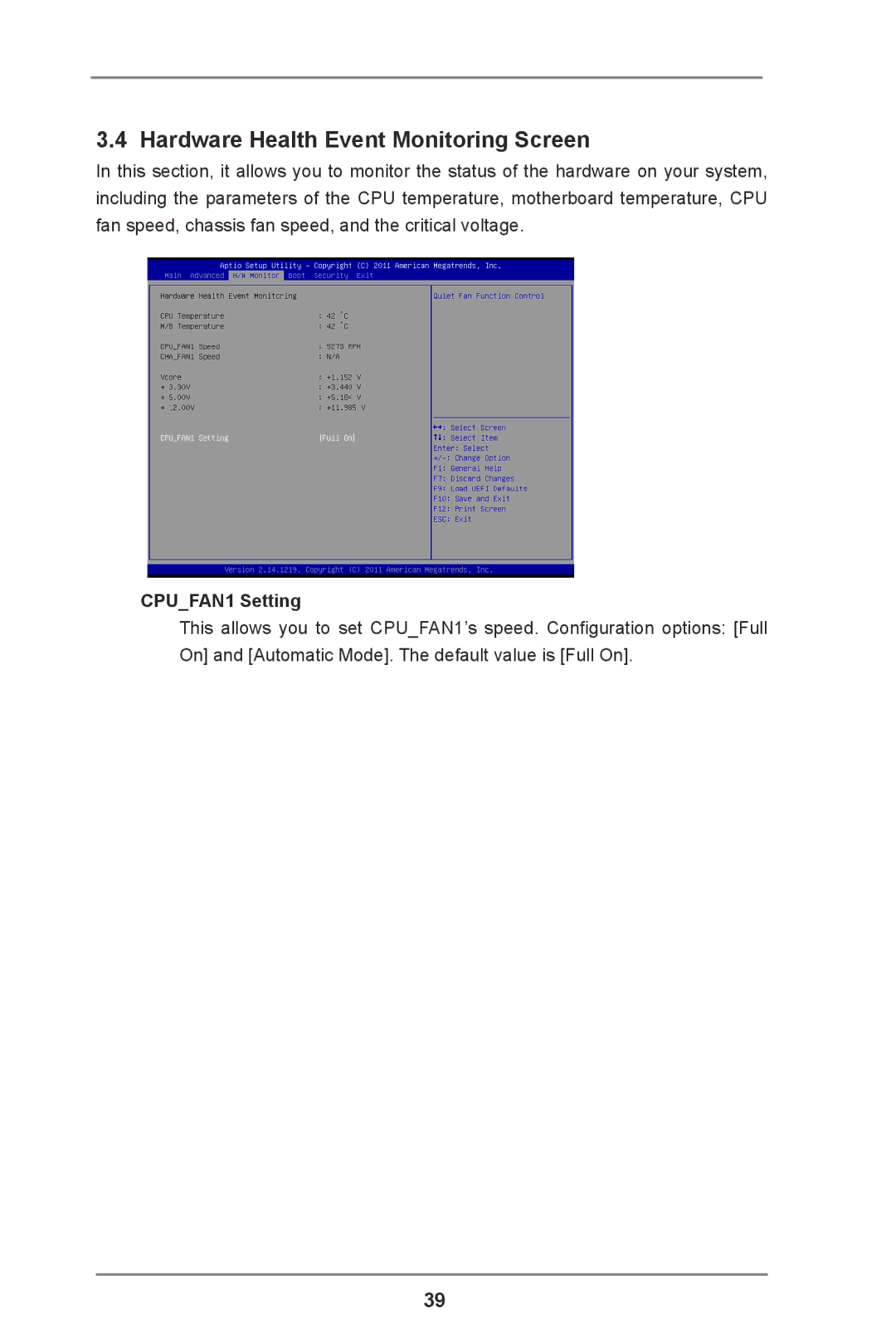 ASRock IMB-110 Series manual Hardware Health Event Monitoring Screen, CPUFAN1 Setting 