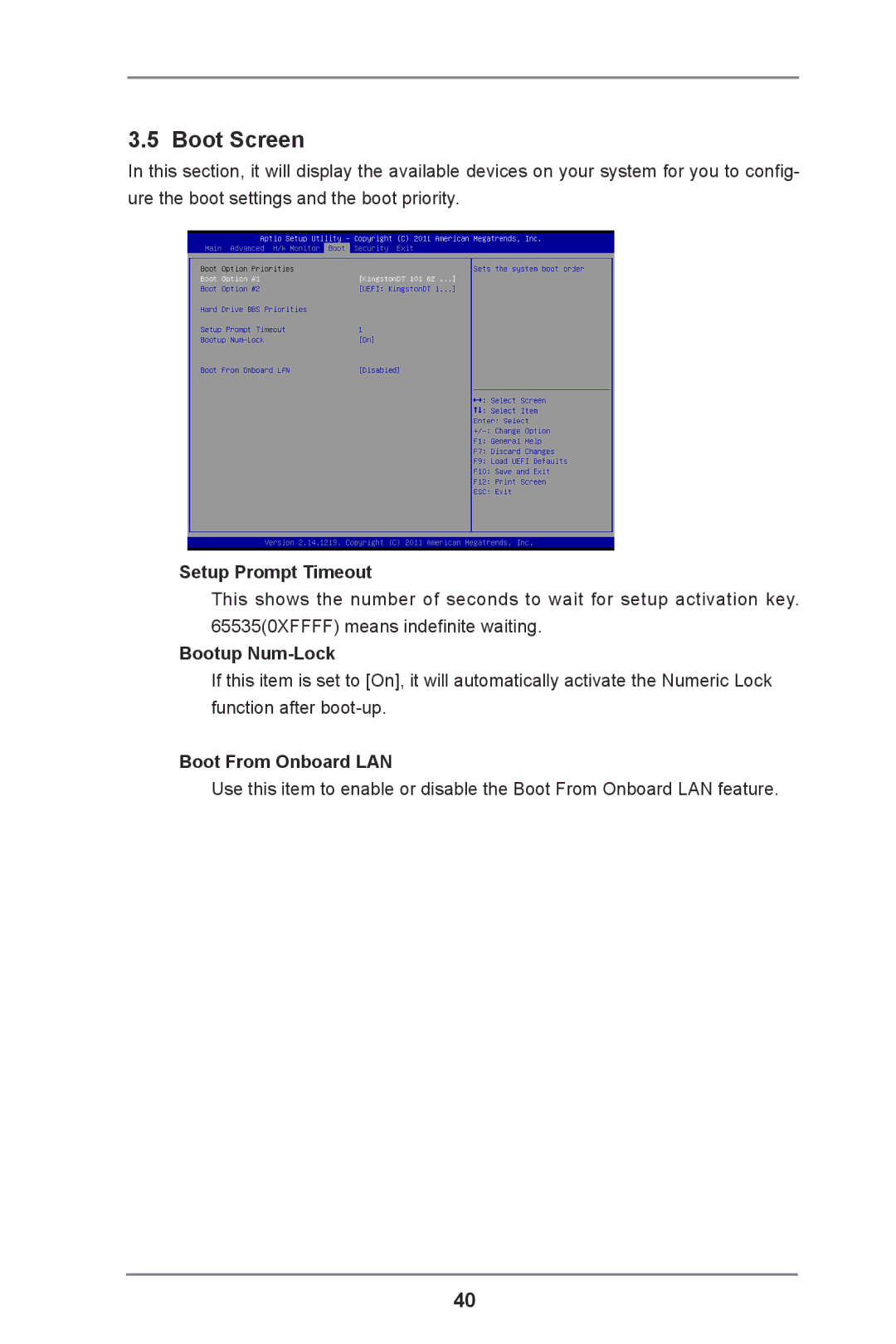 ASRock IMB-110 Series manual Boot Screen, Setup Prompt Timeout, Bootup Num-Lock, Boot From Onboard LAN 