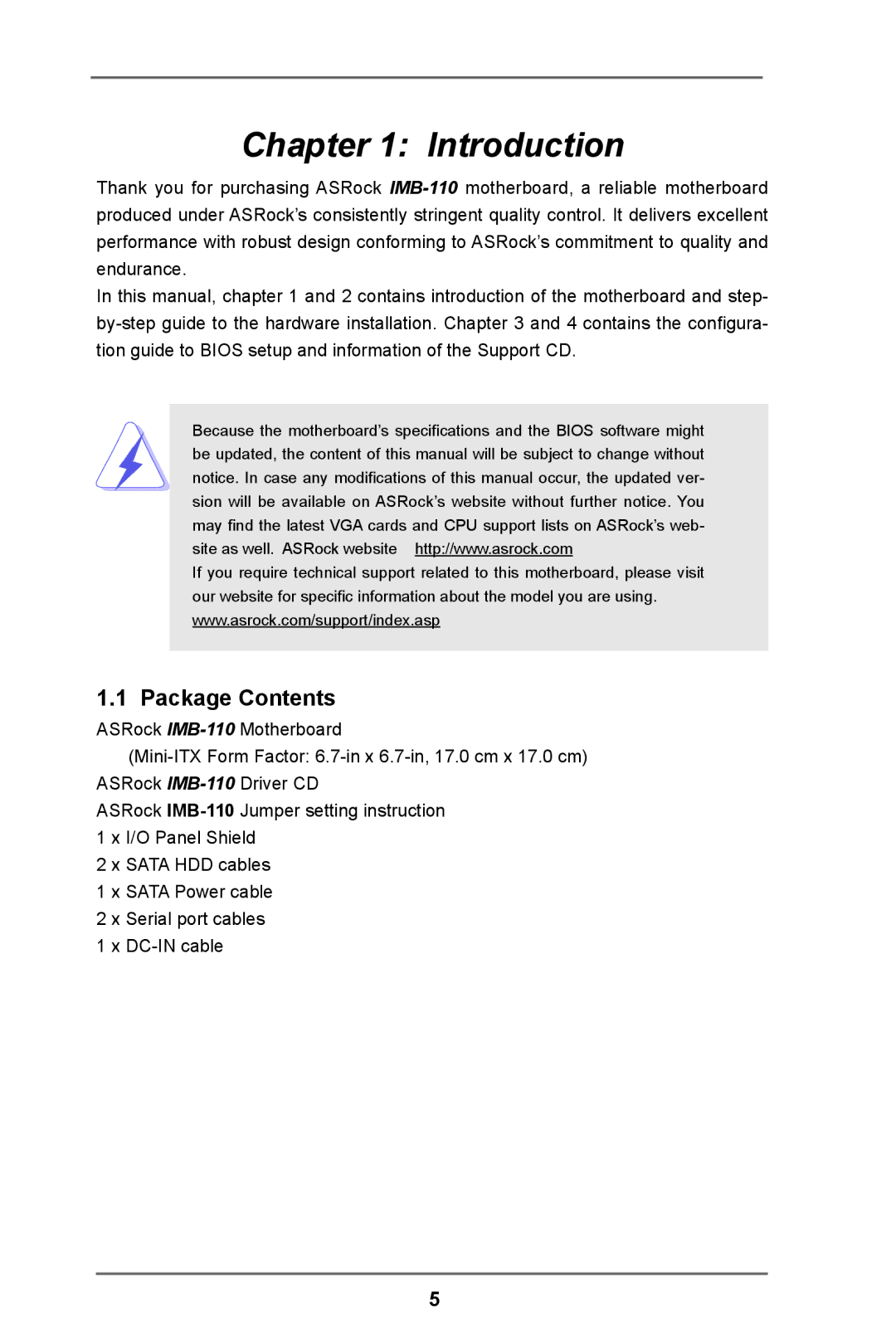 ASRock IMB-110 Series manual Introduction, Package Contents 