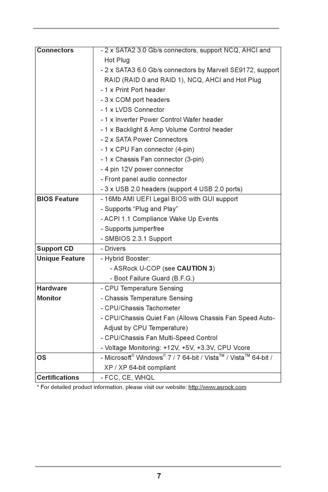 ASRock IMB-110 Series manual Connectors, Bios Feature, Support CD, Unique Feature, Hardware, Monitor, Certifications 