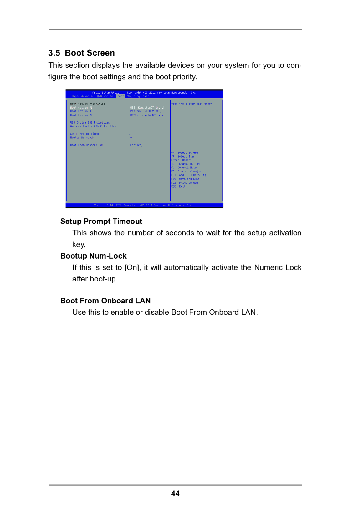 ASRock IMB-146 Series manual Boot Screen, Setup Prompt Timeout, Bootup Num-Lock, Boot From Onboard LAN 