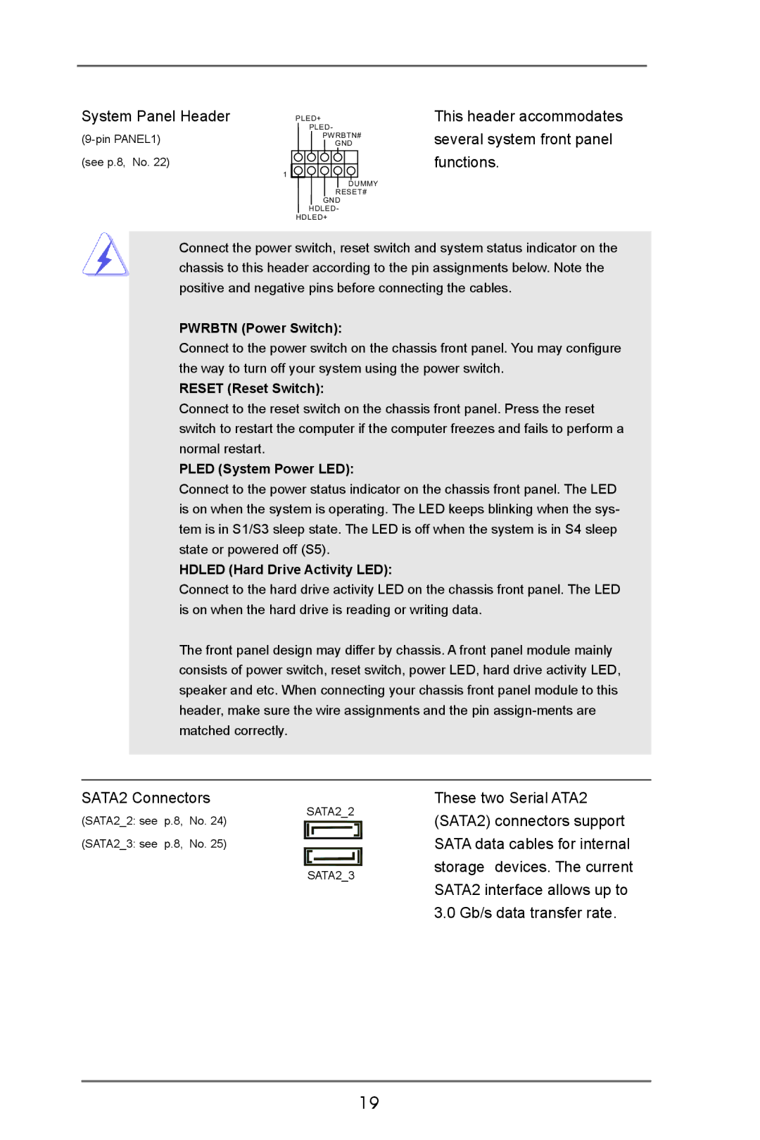 ASRock IMB-370-D manual System Panel Header, SATA2 Connectors 