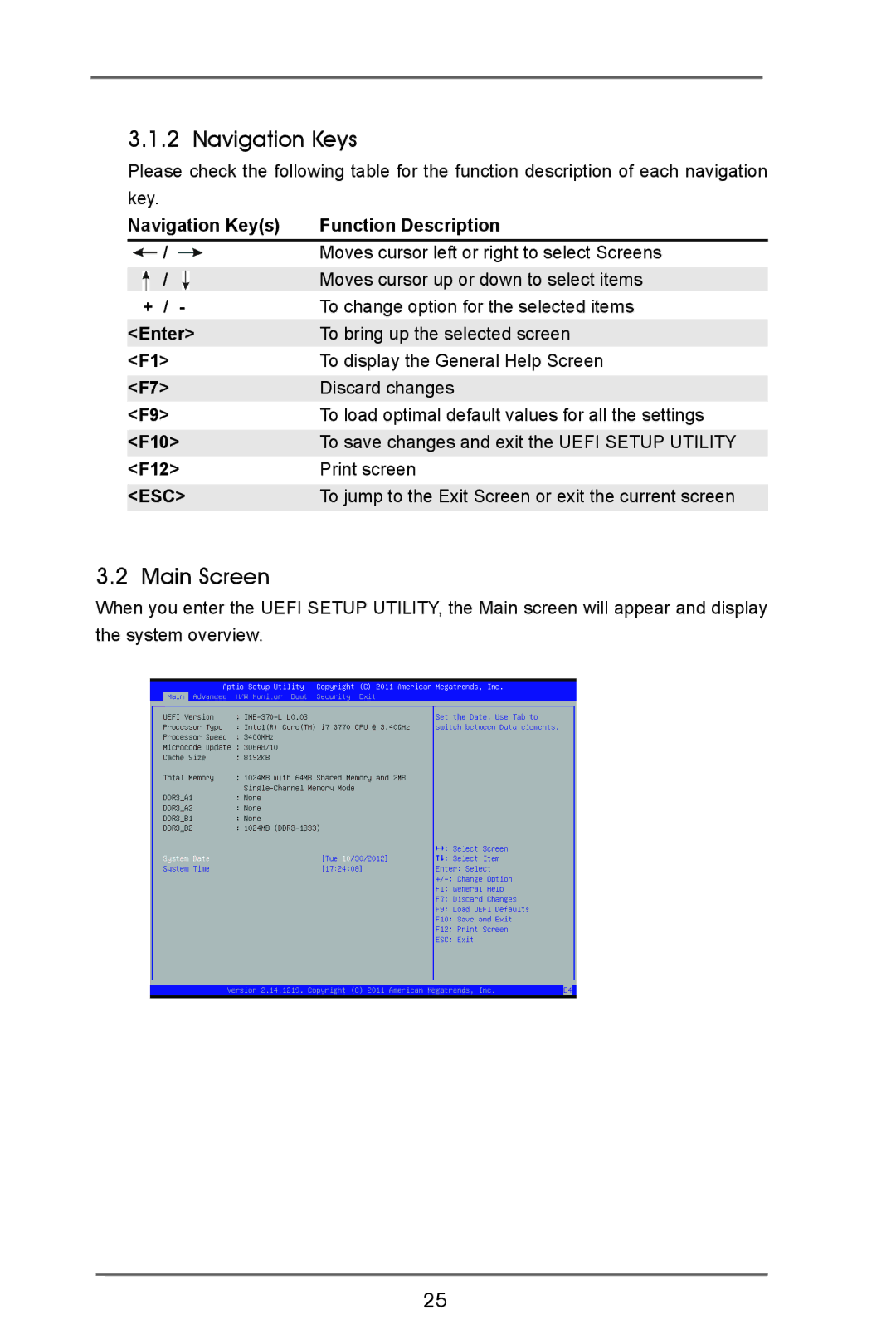 ASRock IMB-370-D manual Navigation Keys, Main Screen, F10 F12 