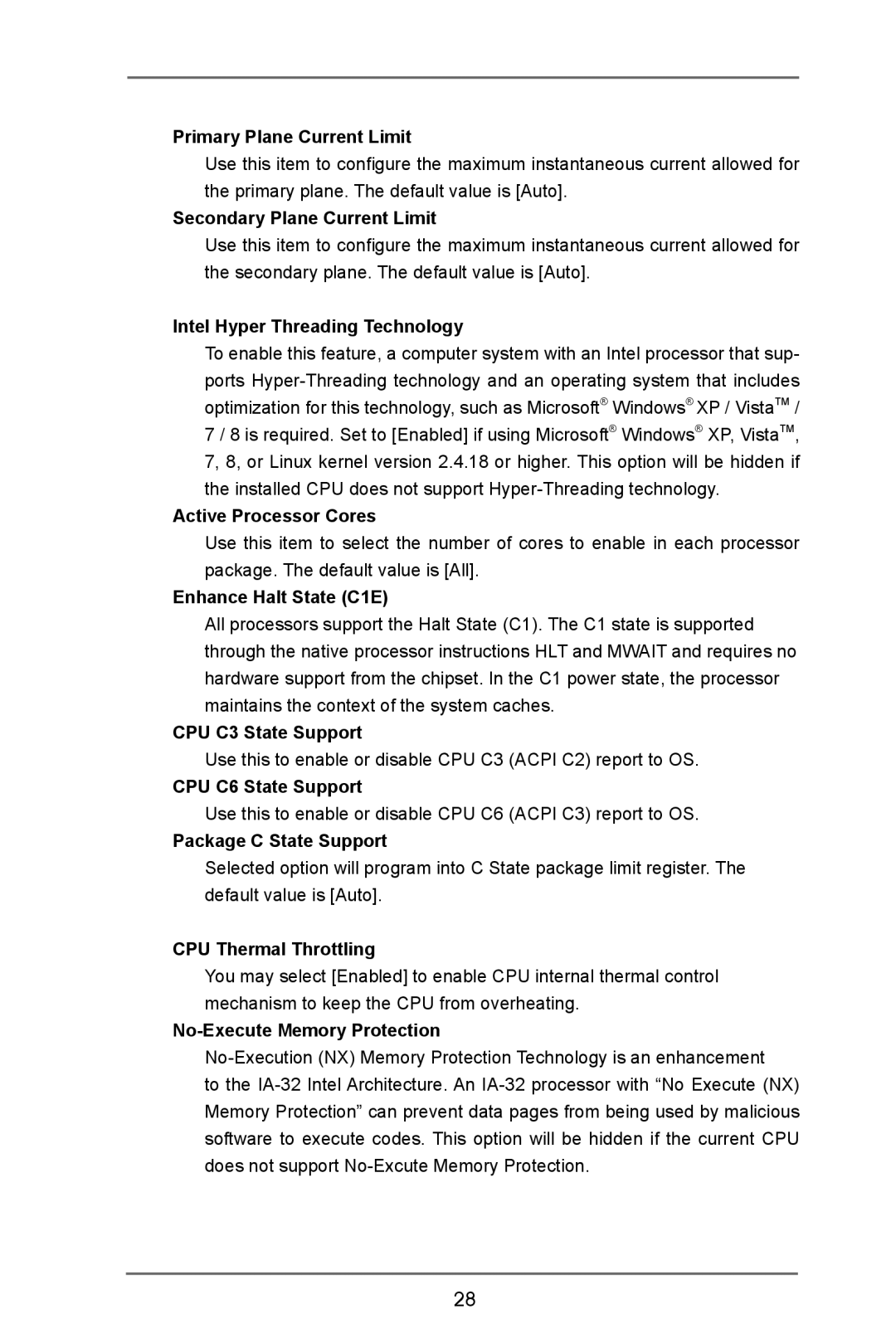 ASRock IMB-370-D manual Primary Plane Current Limit, Secondary Plane Current Limit, Intel Hyper Threading Technology 