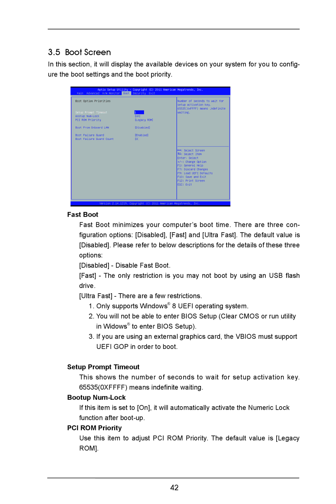 ASRock IMB-370-D manual Boot Screen, Fast Boot, Setup Prompt Timeout, Bootup Num-Lock, PCI ROM Priority 