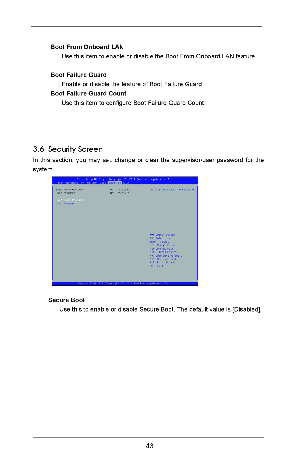 ASRock IMB-370-D manual Security Screen, Boot From Onboard LAN, Boot Failure Guard Count, Secure Boot 