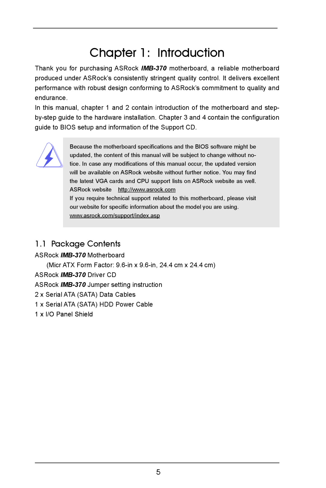 ASRock IMB-370-D manual Introduction, Package Contents 