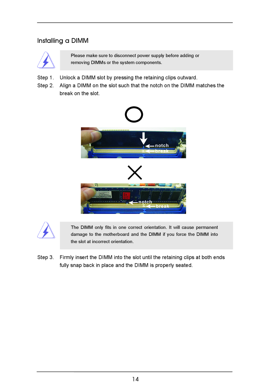 ASRock IMB-770 manual Installing a Dimm, Notch break Break 