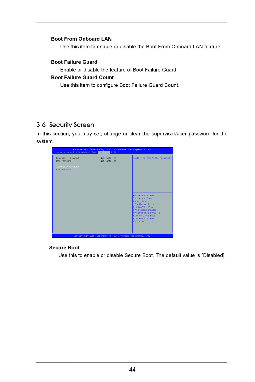 ASRock IMB-770 manual Security Screen, Boot From Onboard LAN, Boot Failure Guard Count, Secure Boot 