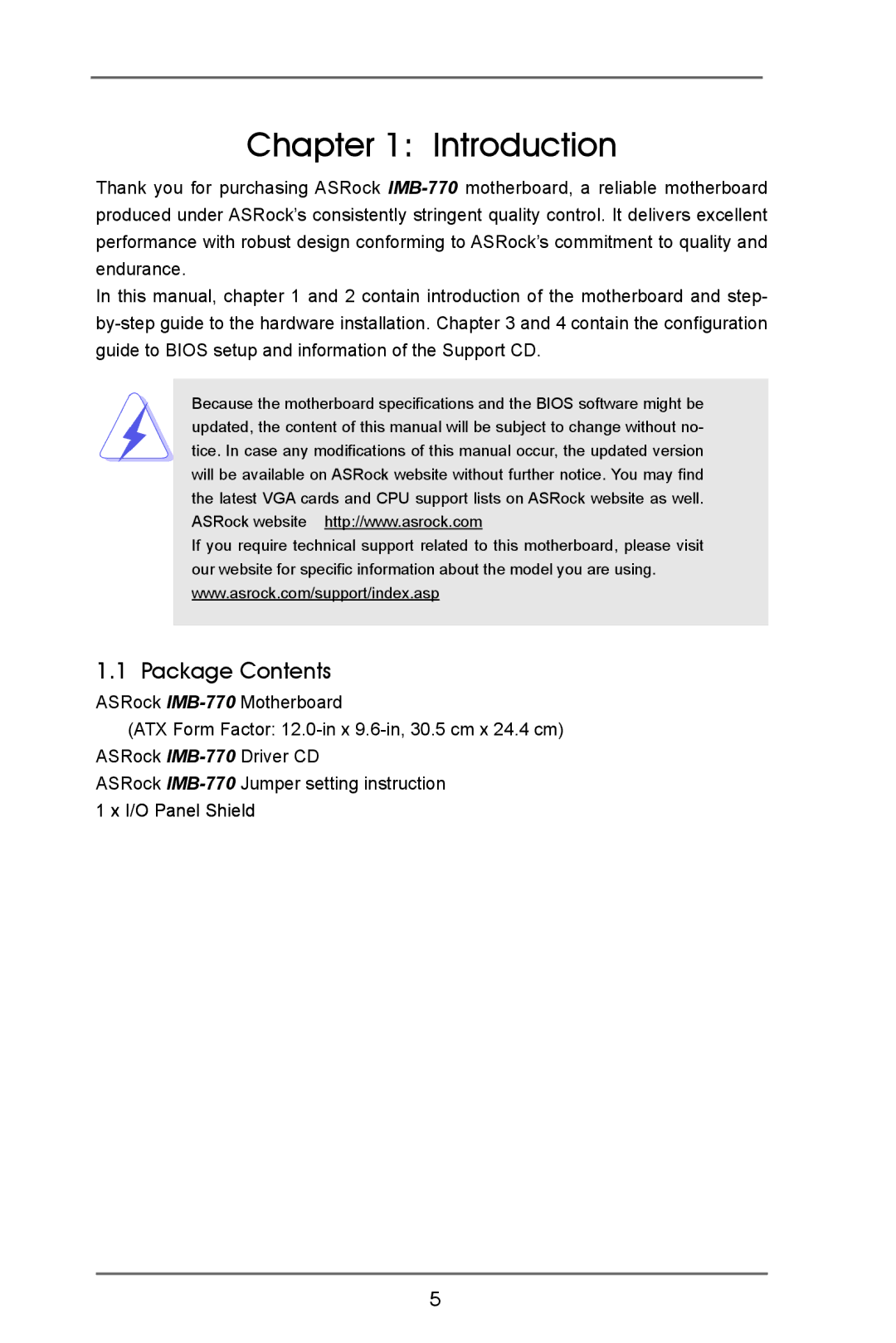 ASRock IMB-770 manual Introduction, Package Contents 