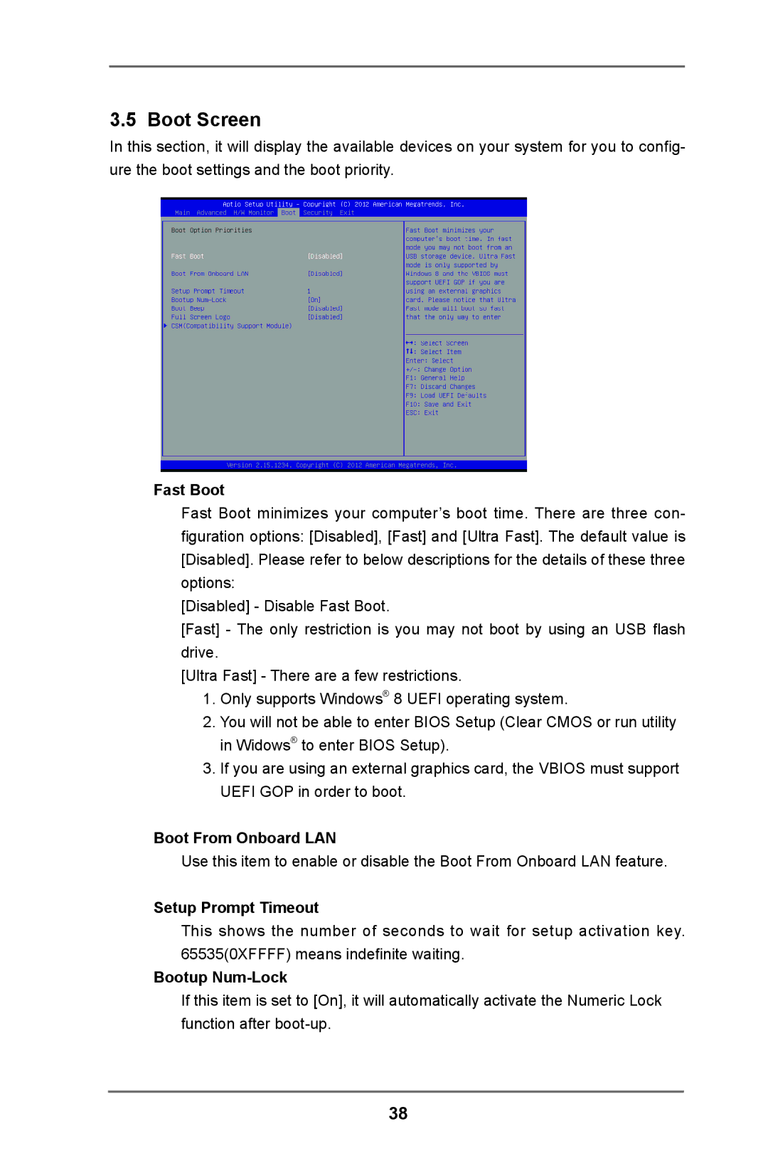 ASRock IMB-780 manual Boot Screen, Fast Boot, Boot From Onboard LAN, Setup Prompt Timeout, Bootup Num-Lock 