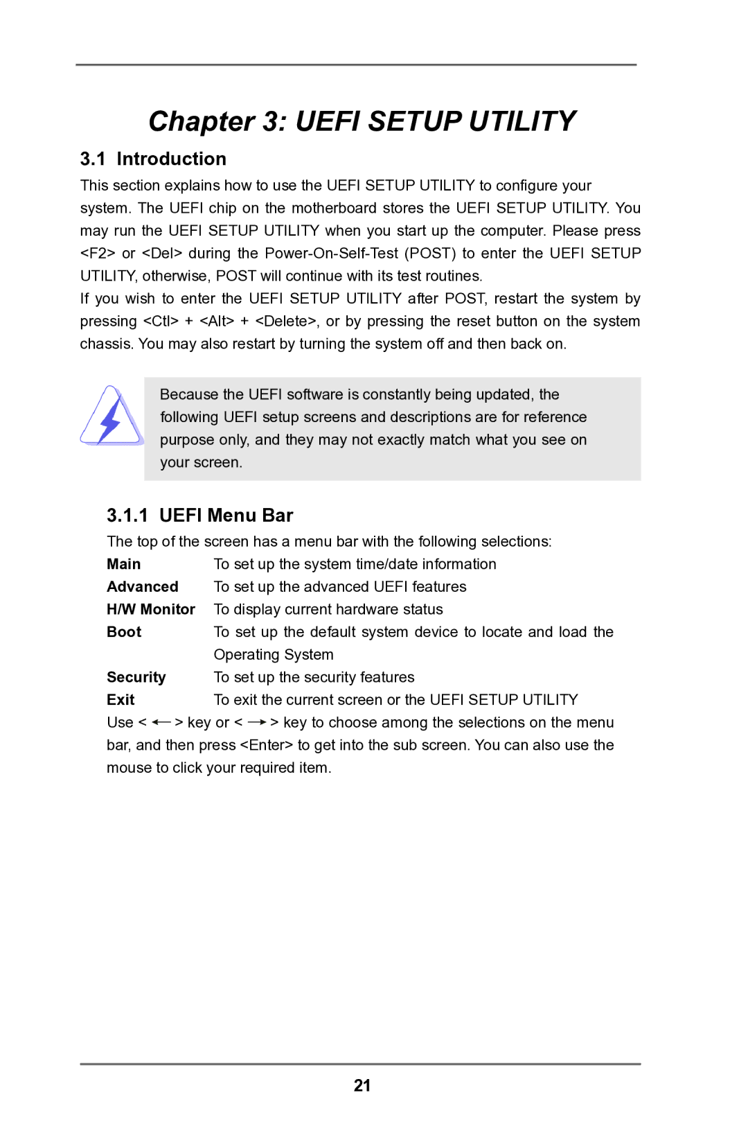 ASRock IMB-781 manual Introduction, Uefi Menu Bar 