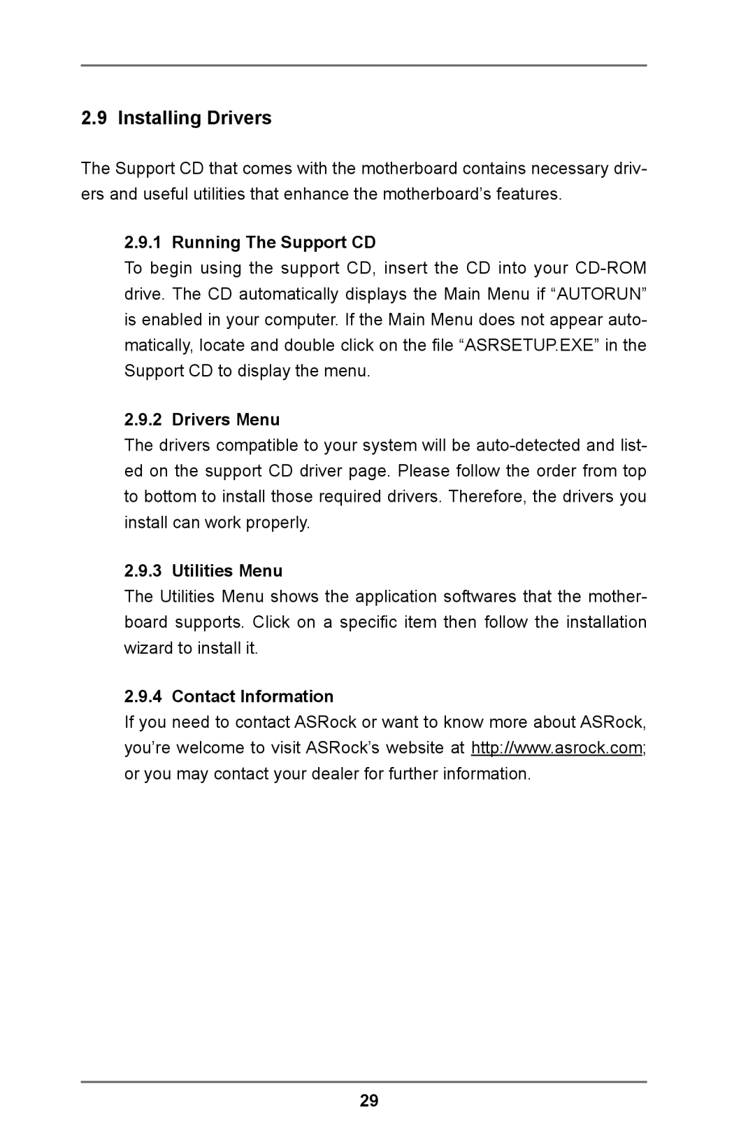 ASRock IMB-A160-H manual Installing Drivers, Running The Support CD, Drivers Menu, Utilities Menu, Contact Information 