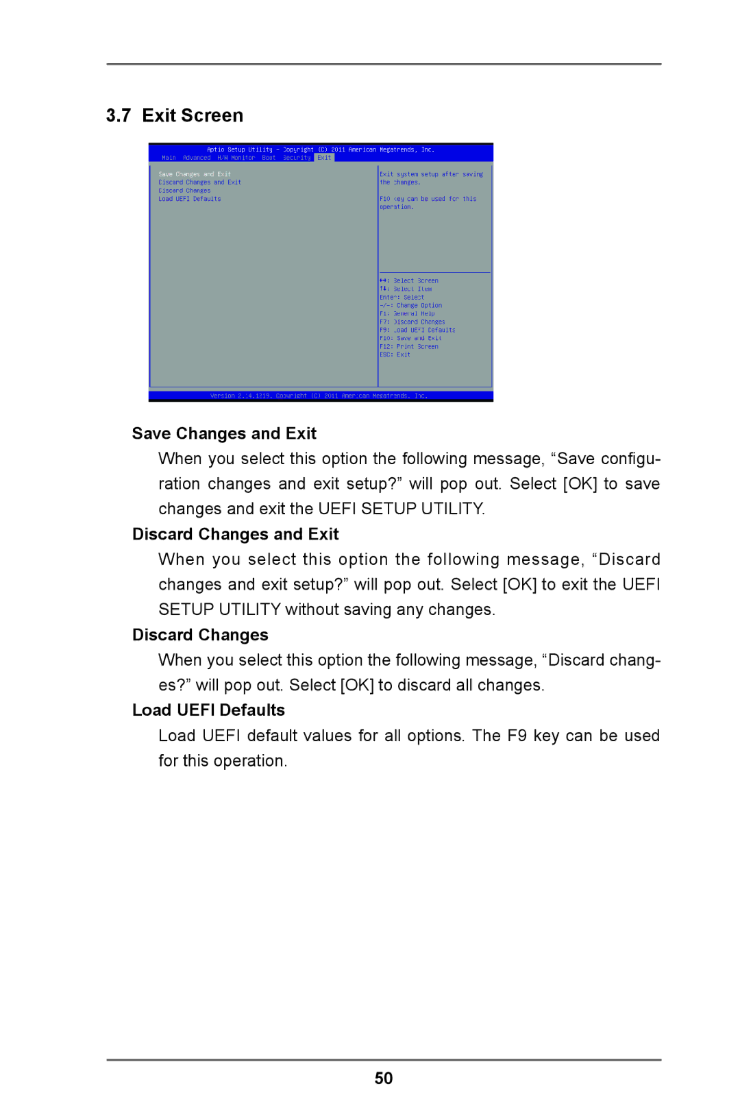 ASRock IMB-A160-H manual Exit Screen, Save Changes and Exit, Discard Changes and Exit, Load Uefi Defaults 