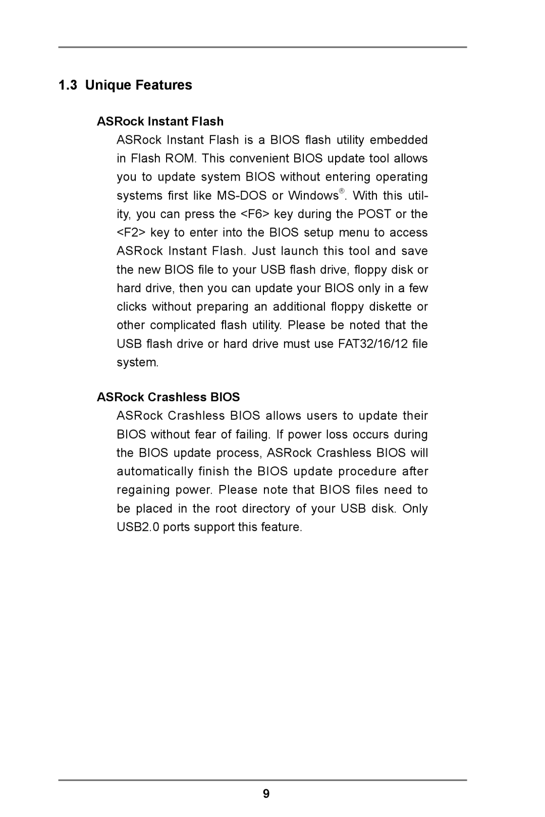 ASRock IMB-A160-H manual Unique Features, ASRock Instant Flash, ASRock Crashless Bios 