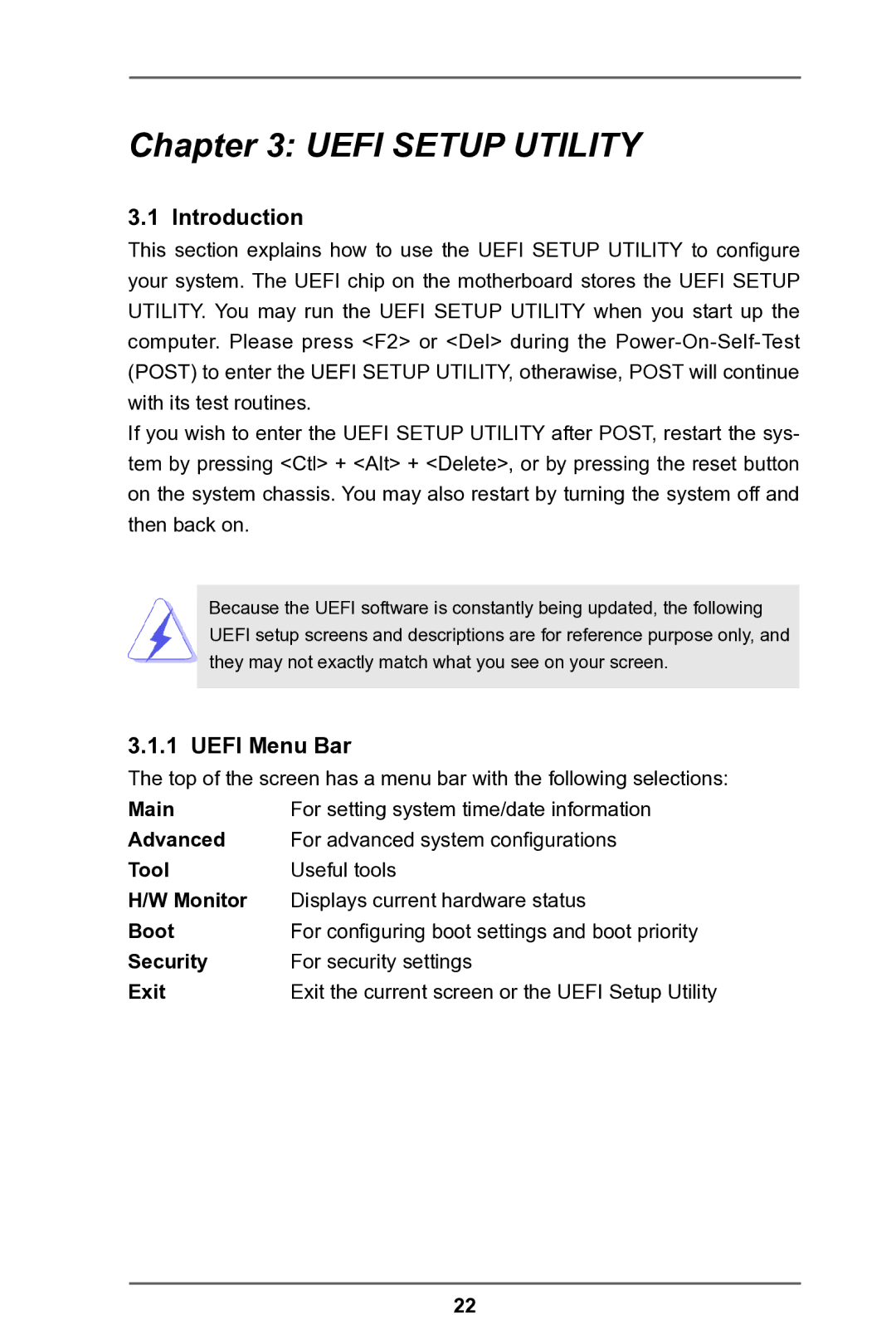 ASRock IMB-A180 manual Introduction, Uefi Menu Bar 