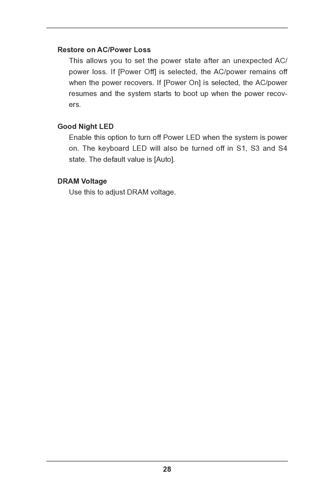 ASRock IMB-A180 manual Restore on AC/Power Loss, Good Night LED, Dram Voltage 