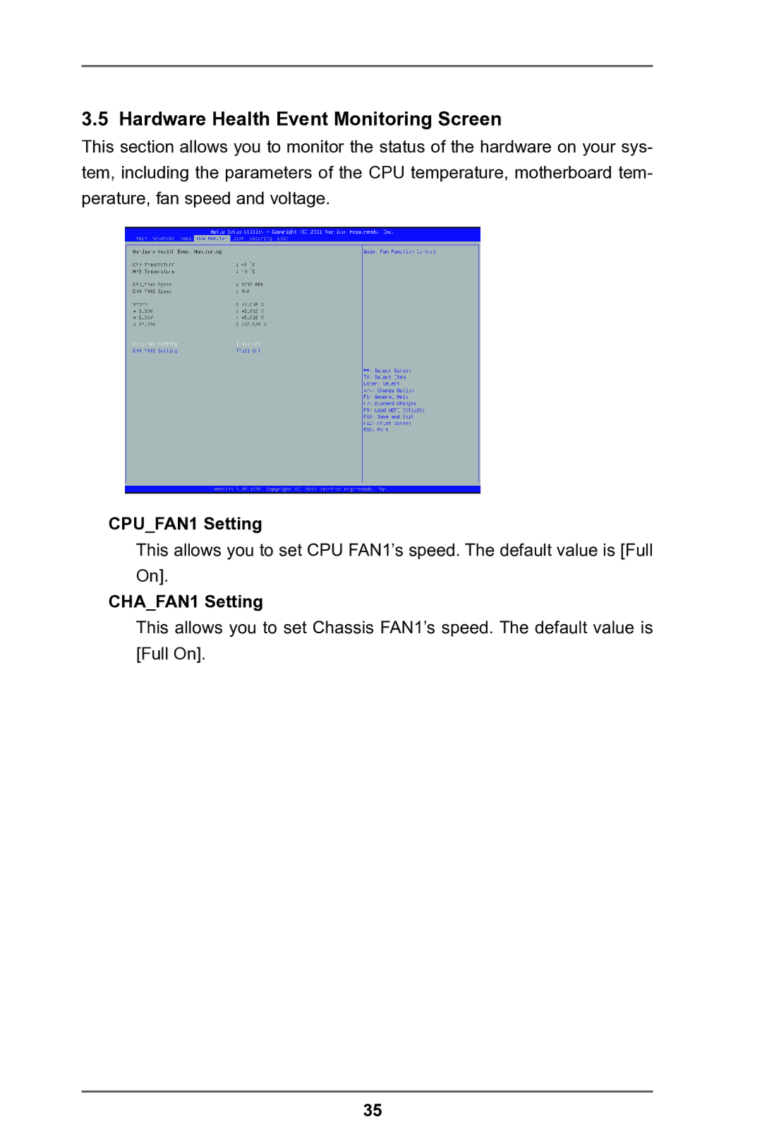 ASRock IMB-A180 manual Hardware Health Event Monitoring Screen, CPUFAN1 Setting, CHAFAN1 Setting 