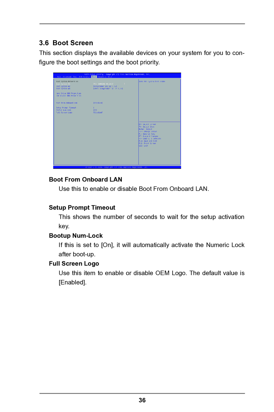 ASRock IMB-A180 manual Boot Screen, Boot From Onboard LAN, Setup Prompt Timeout, Bootup Num-Lock, Full Screen Logo 