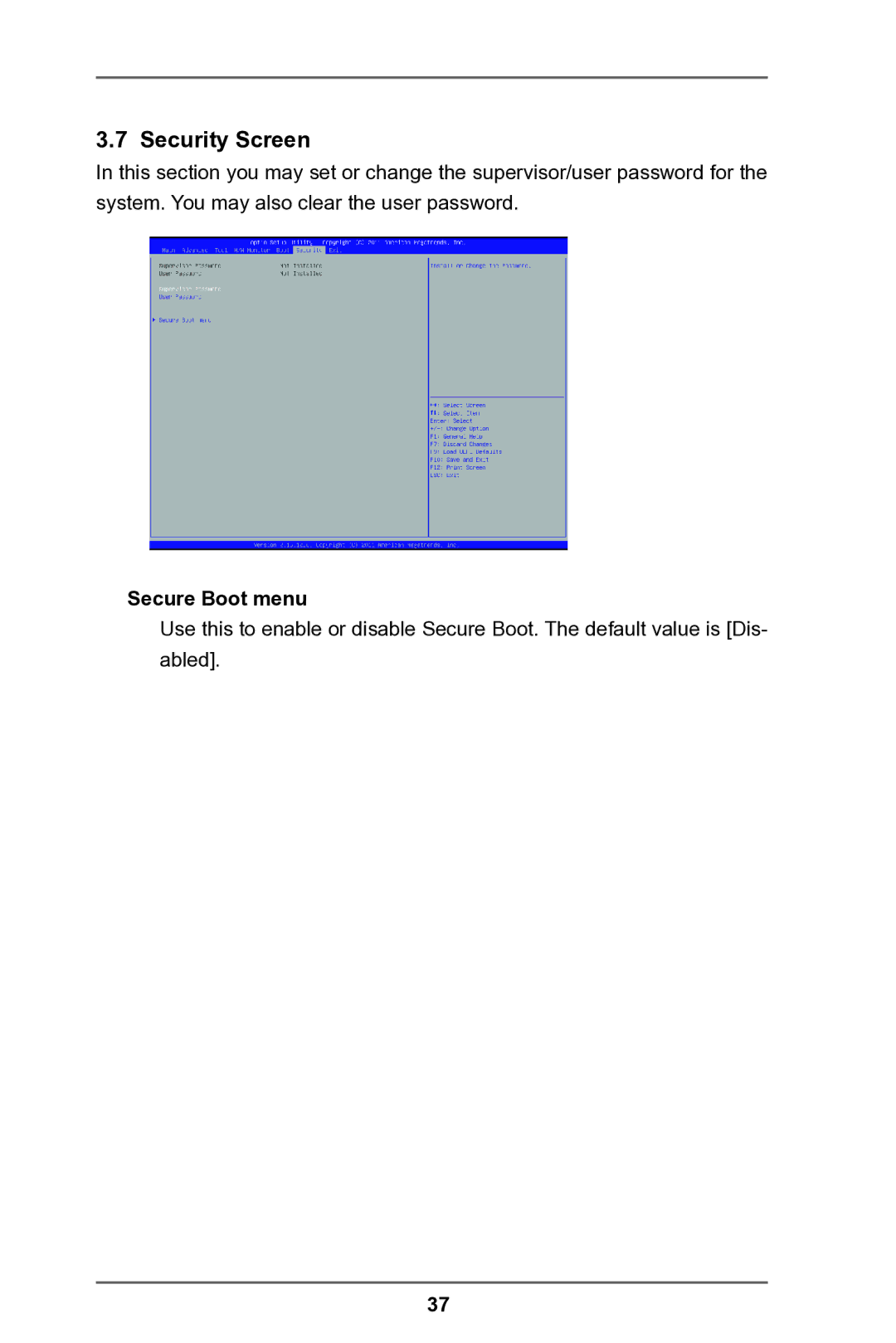 ASRock IMB-A180 manual Security Screen, Secure Boot menu 