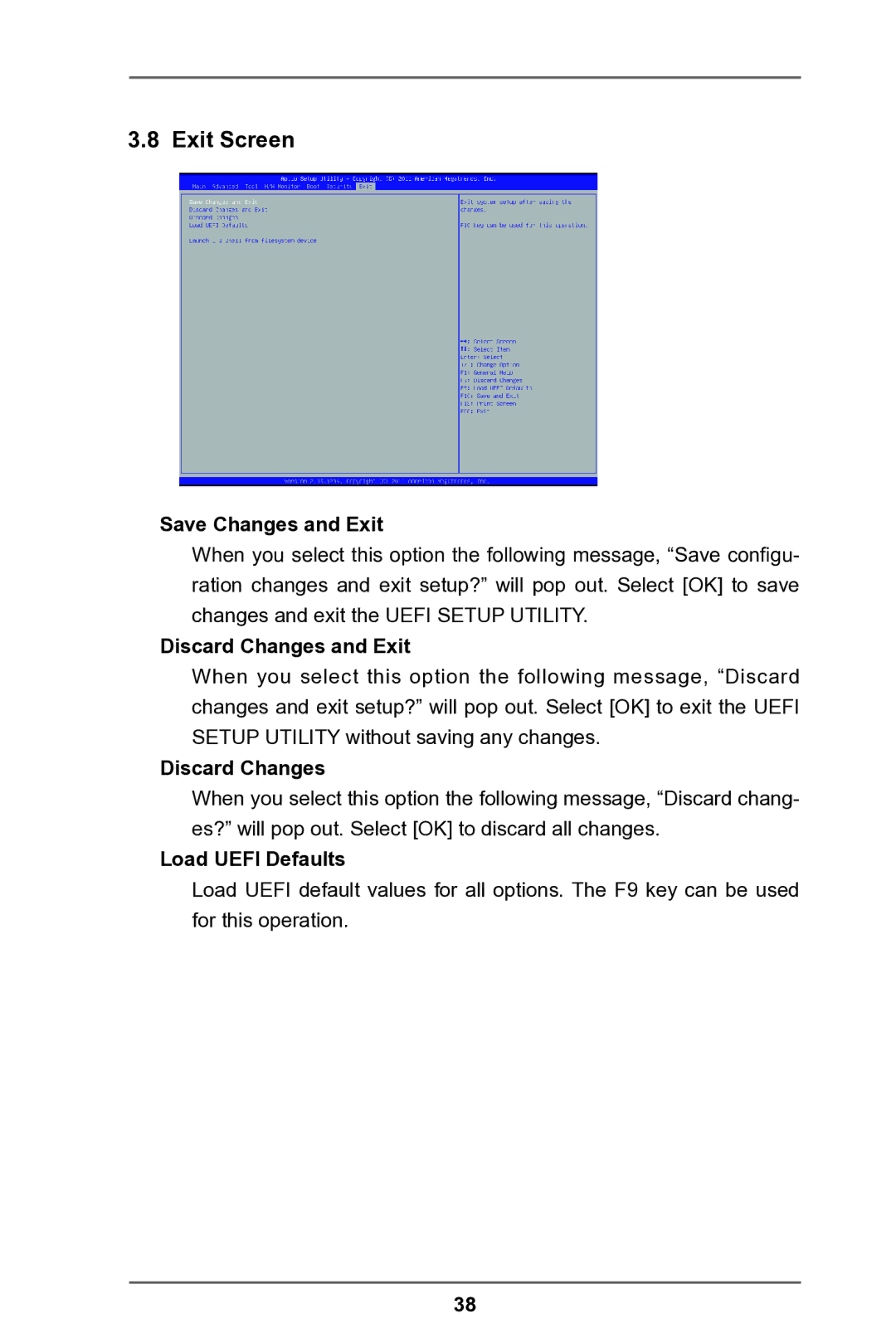 ASRock IMB-A180 manual Exit Screen, Save Changes and Exit, Discard Changes and Exit, Load Uefi Defaults 