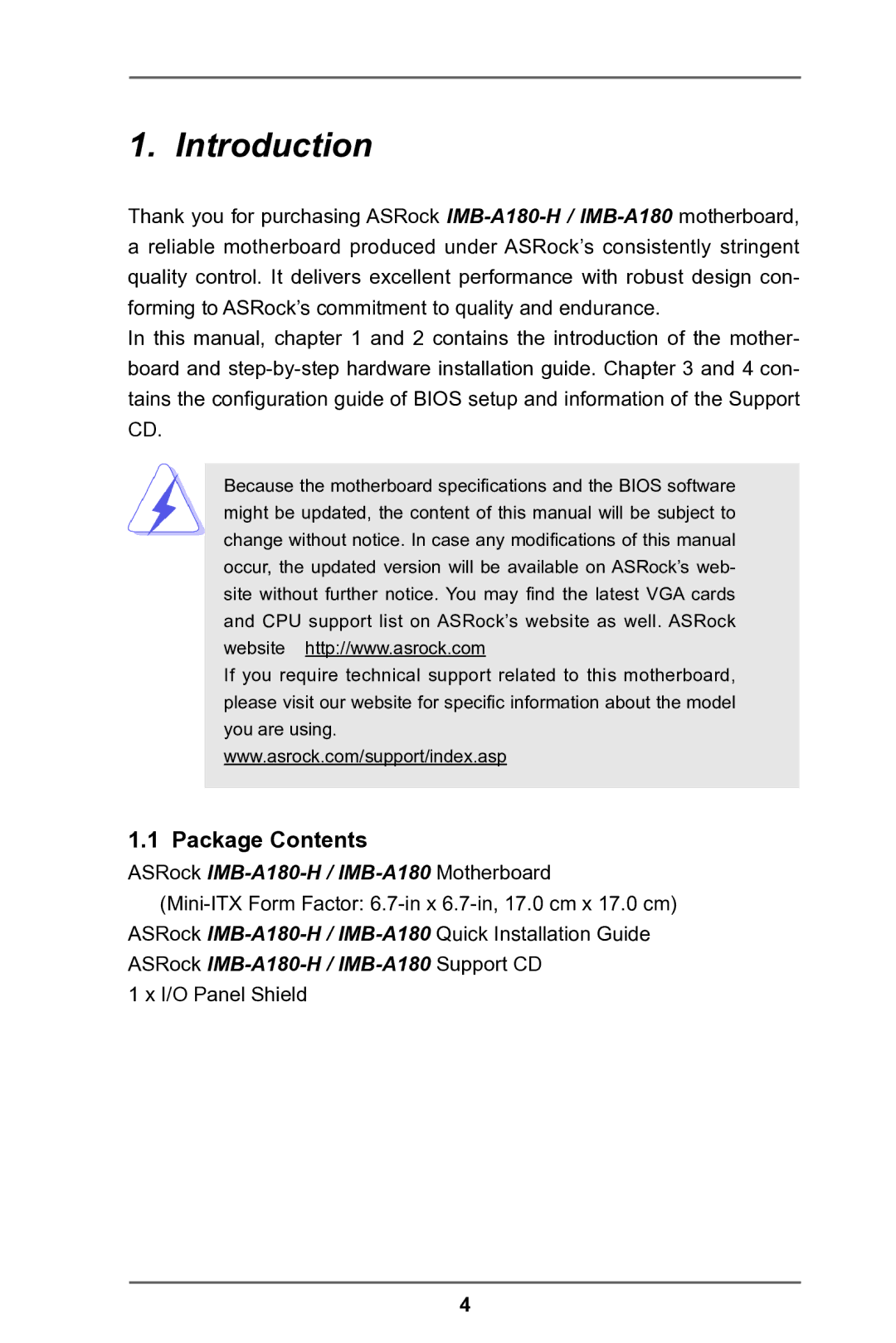 ASRock IMB-A180 manual Introduction, Package Contents 