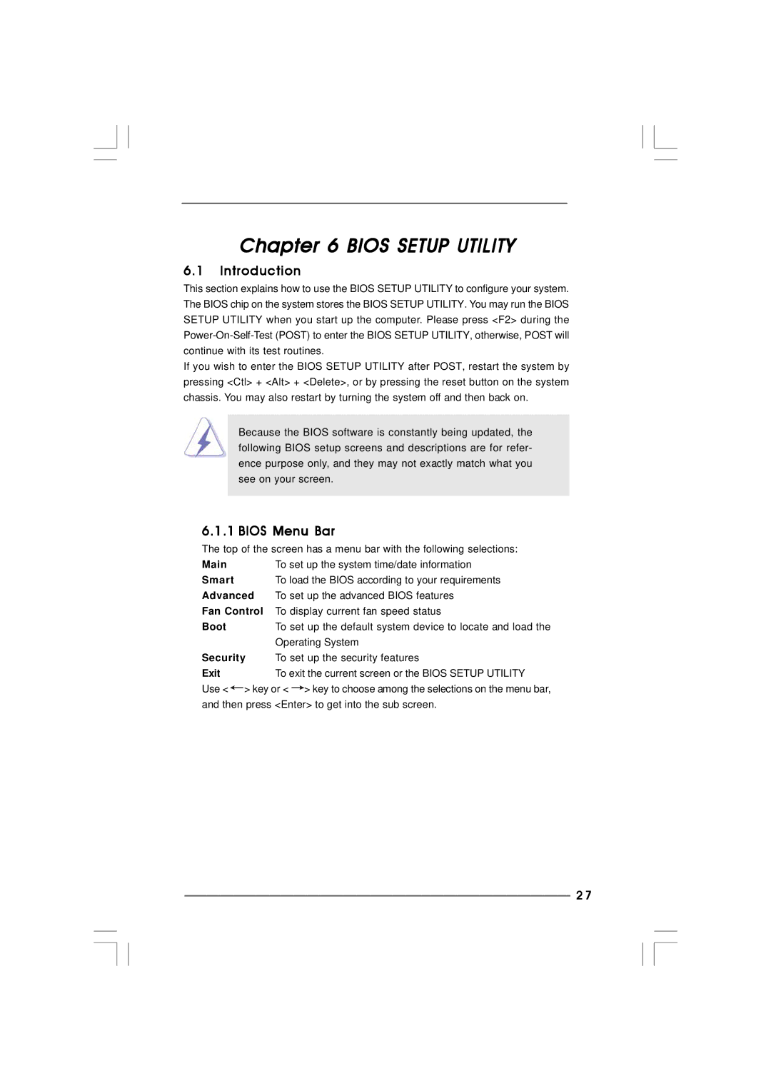 ASRock ION 330 manual Bios Setup Utility, Bios Menu Bar 