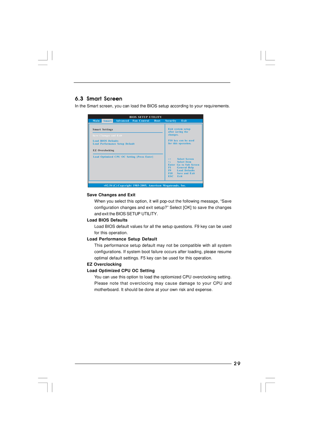 ASRock ION 330 manual Smart Screen, Save Changes and Exit, Load Bios Defaults, Load Performance Setup Default 