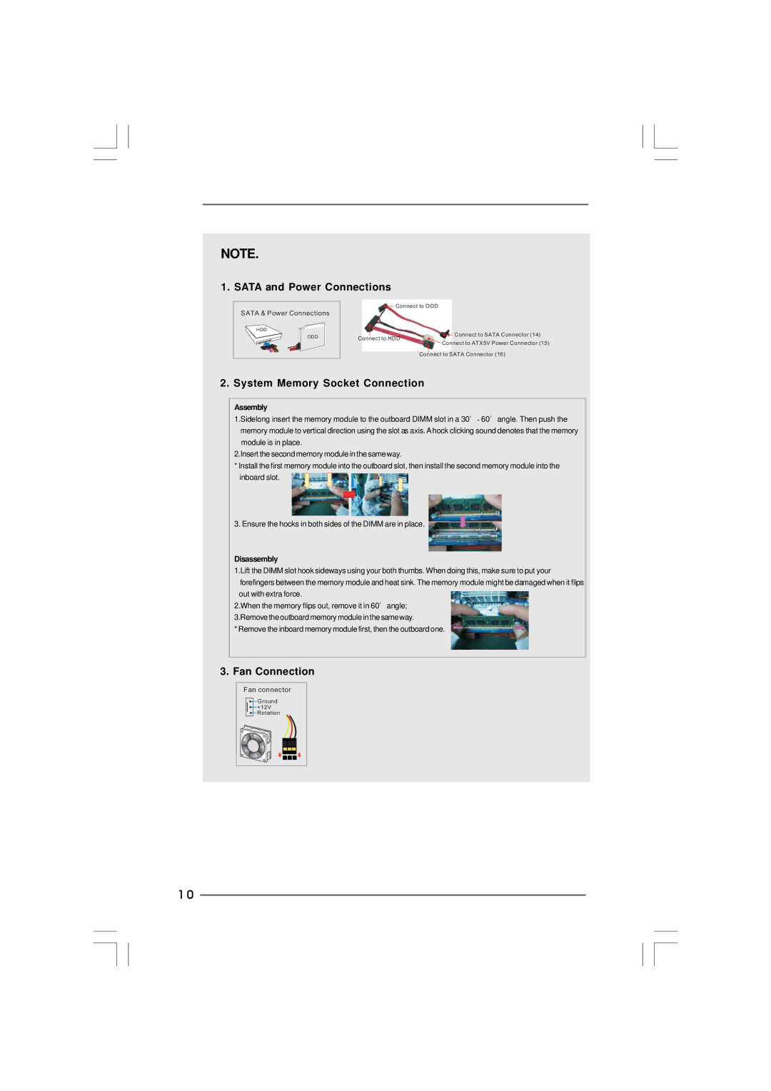 ASRock ION 330HT manual Sata and Power Connections, System Memory Socket Connection, Fan Connection 