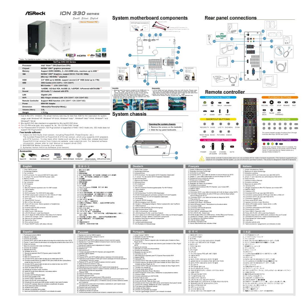 ASRock ION 330HT manual System motherboard components Rear panel connections, Remote controller, System chassis, Español 