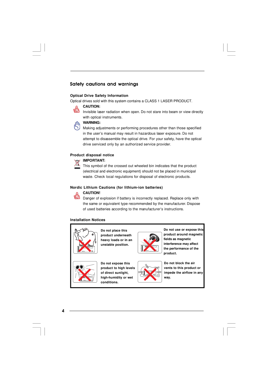 ASRock ION 3D Series manual Safety cautions and warnings, Optical Drive Safety Information, Product disposal notice 