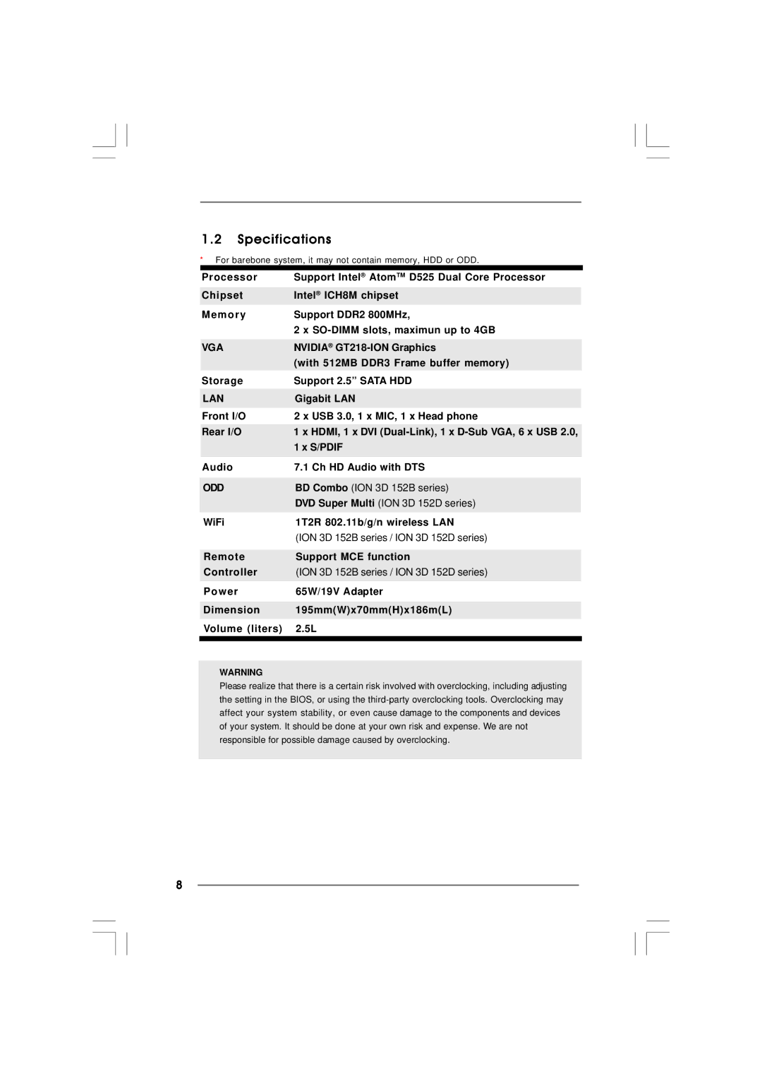 ASRock ION 3D Series manual Specifications 