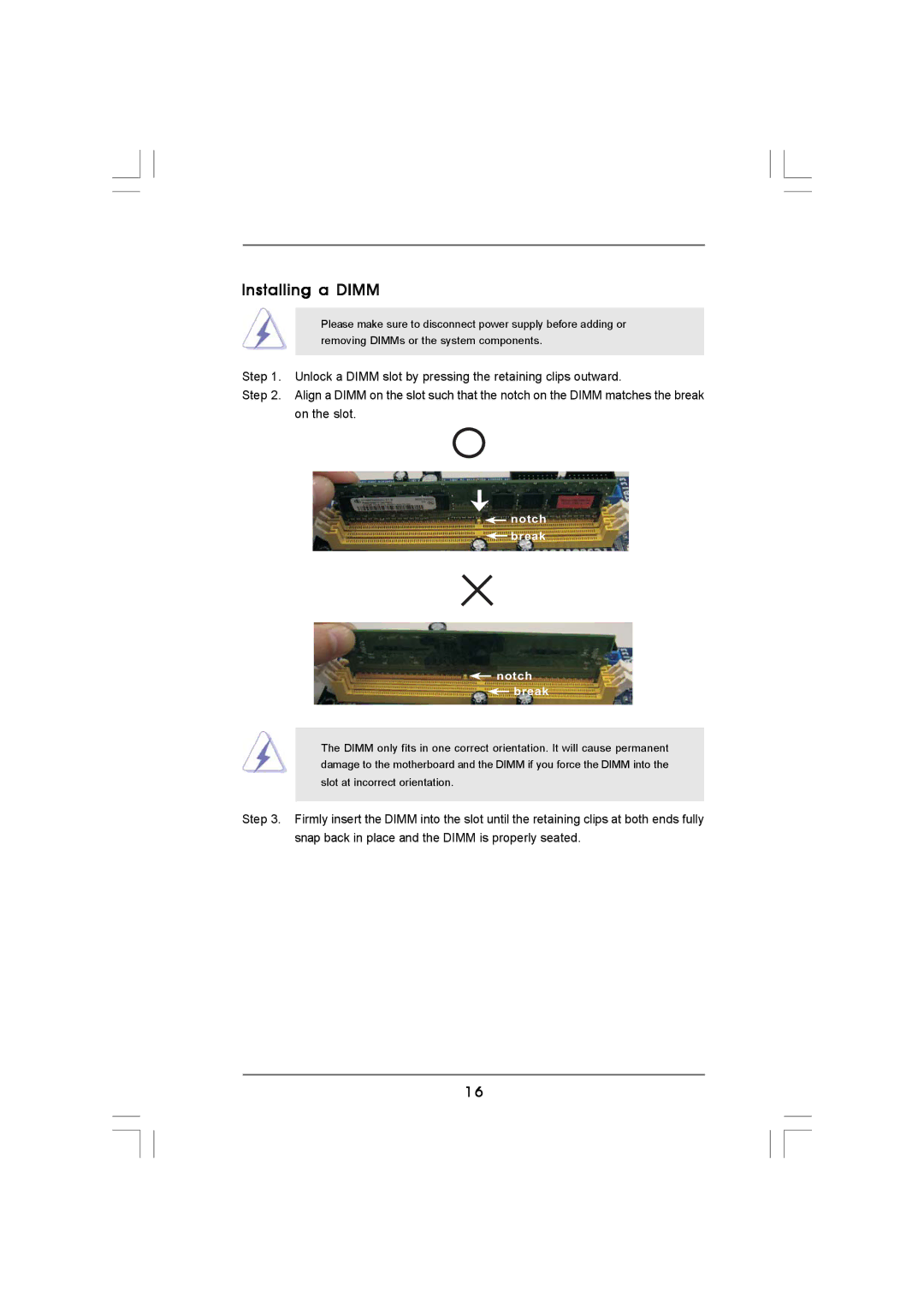 ASRock K10N78hSLI-GLAN manual Installing a Dimm, Notch break 