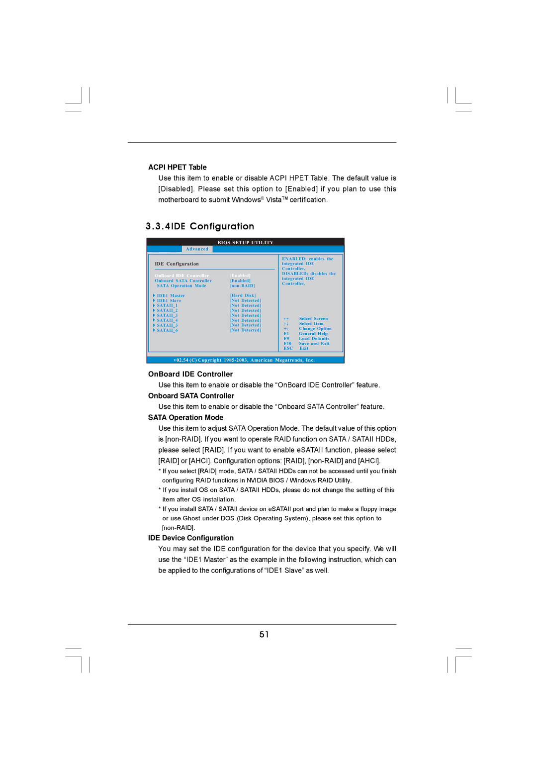 ASRock K10N78hSLI-GLAN manual Acpi Hpet Table, OnBoard IDE Controller, Onboard Sata Controller, Sata Operation Mode 