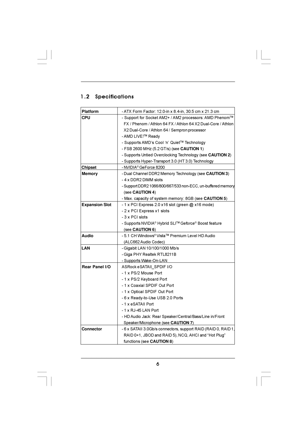 ASRock K10N78hSLI-GLAN manual Specifications 