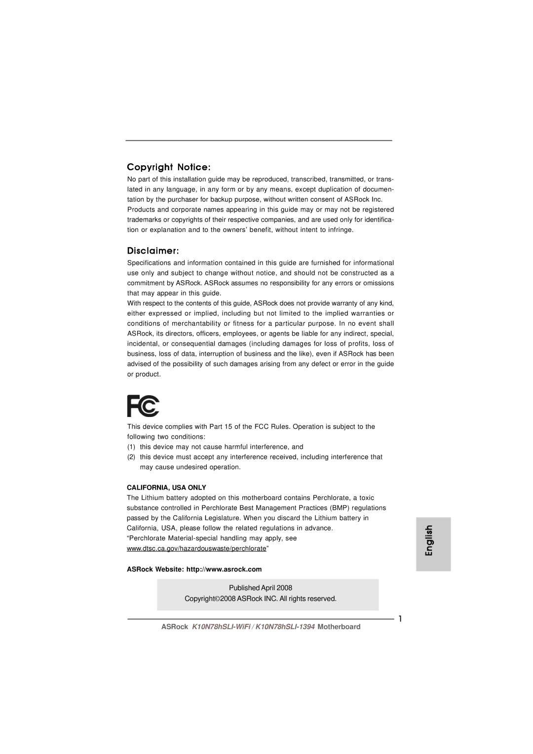 ASRock K10N78hSLI-WiFi manual Copyright Notice, Disclaimer, English 