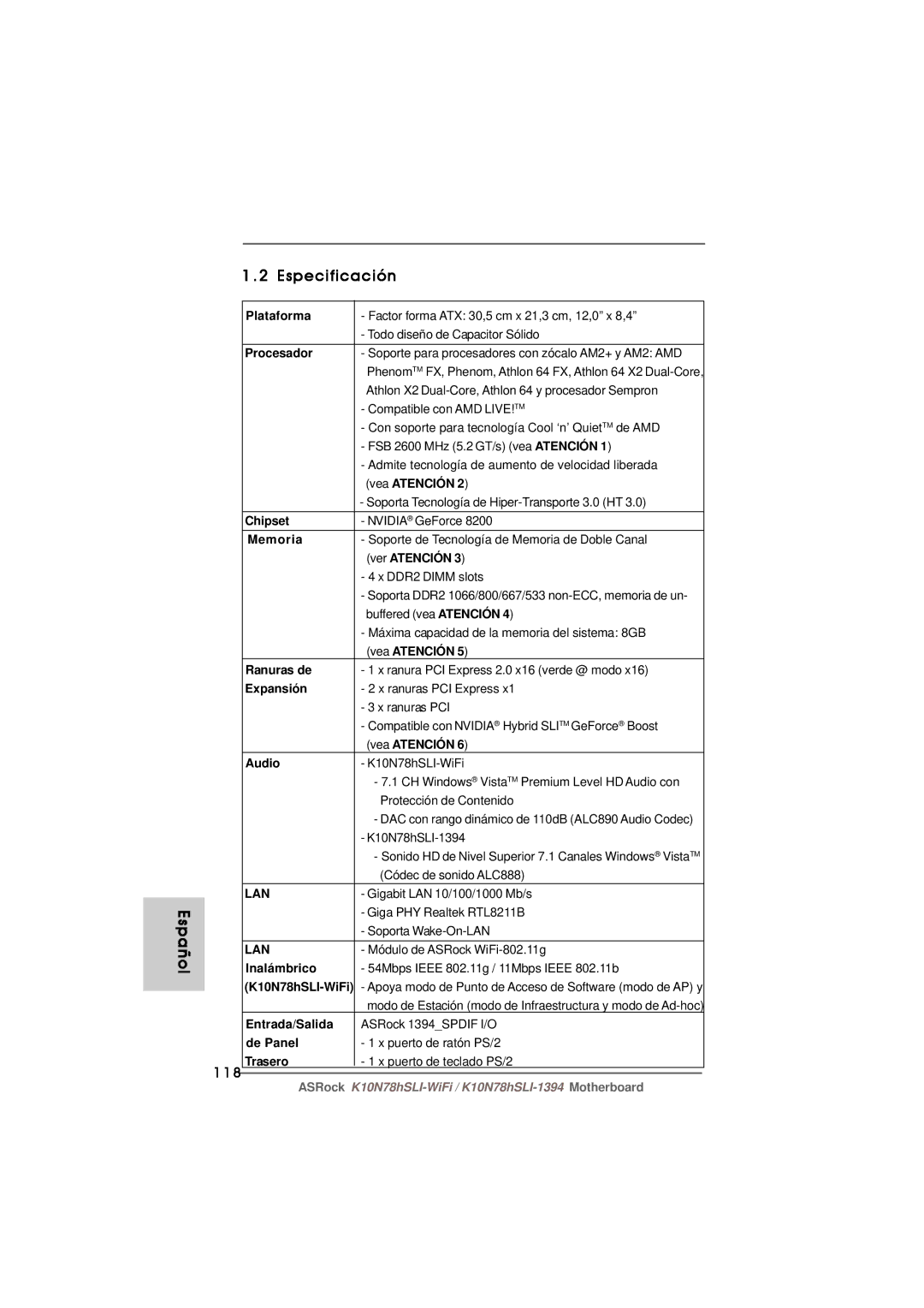 ASRock K10N78hSLI-WiFi manual Especificación 