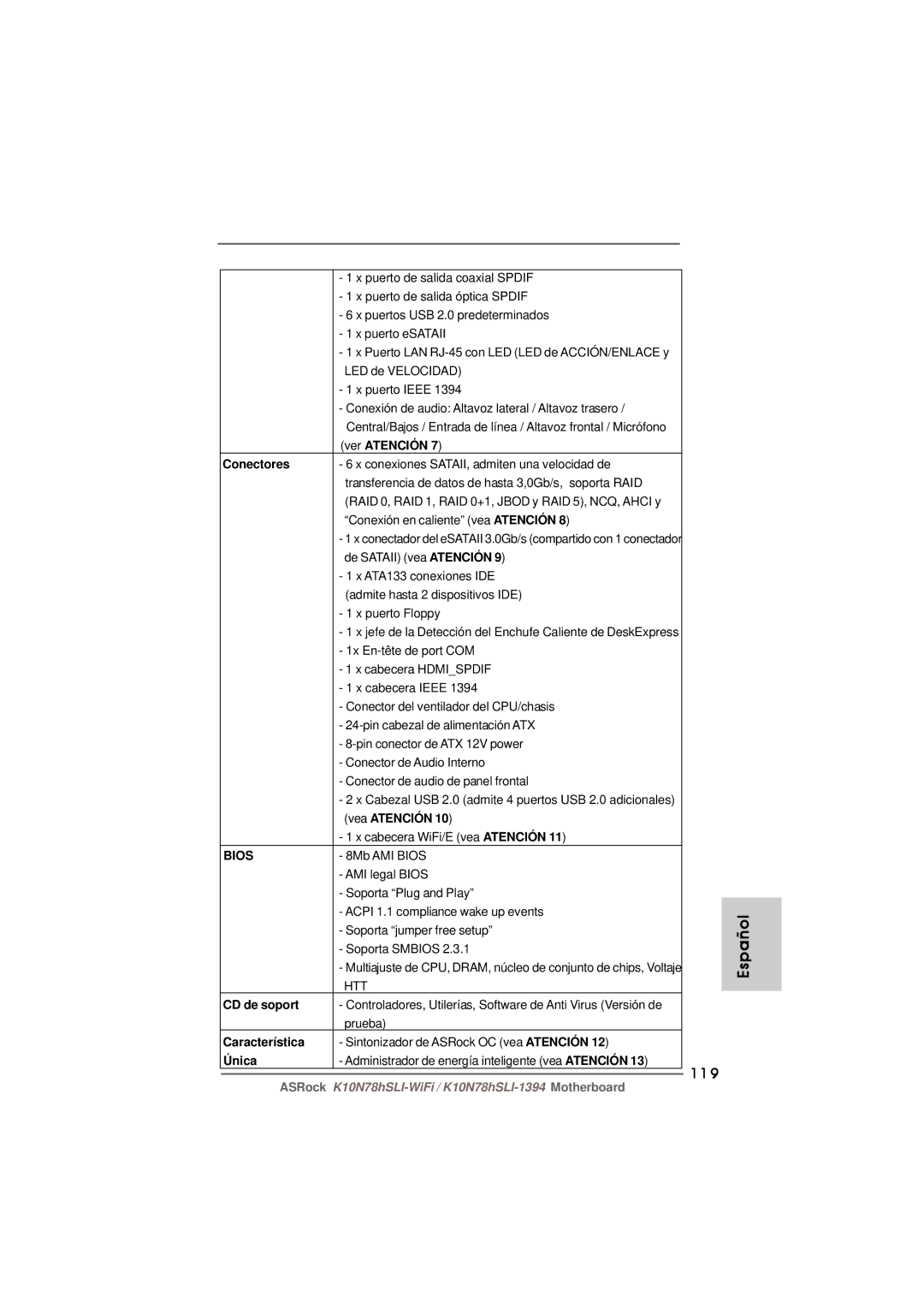 ASRock K10N78hSLI-WiFi manual 119, Ver Atención Conectores, CD de soport, Característica, Única 