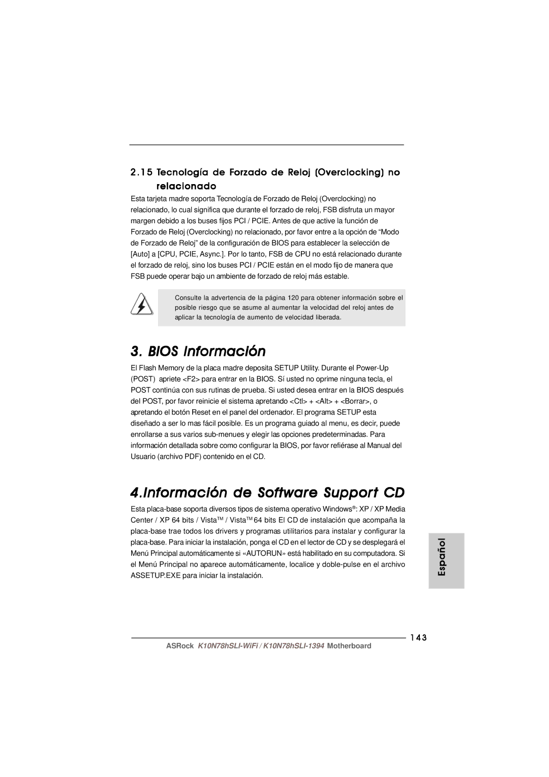 ASRock K10N78hSLI-WiFi manual Bios Información Información de Software Support CD, 143 