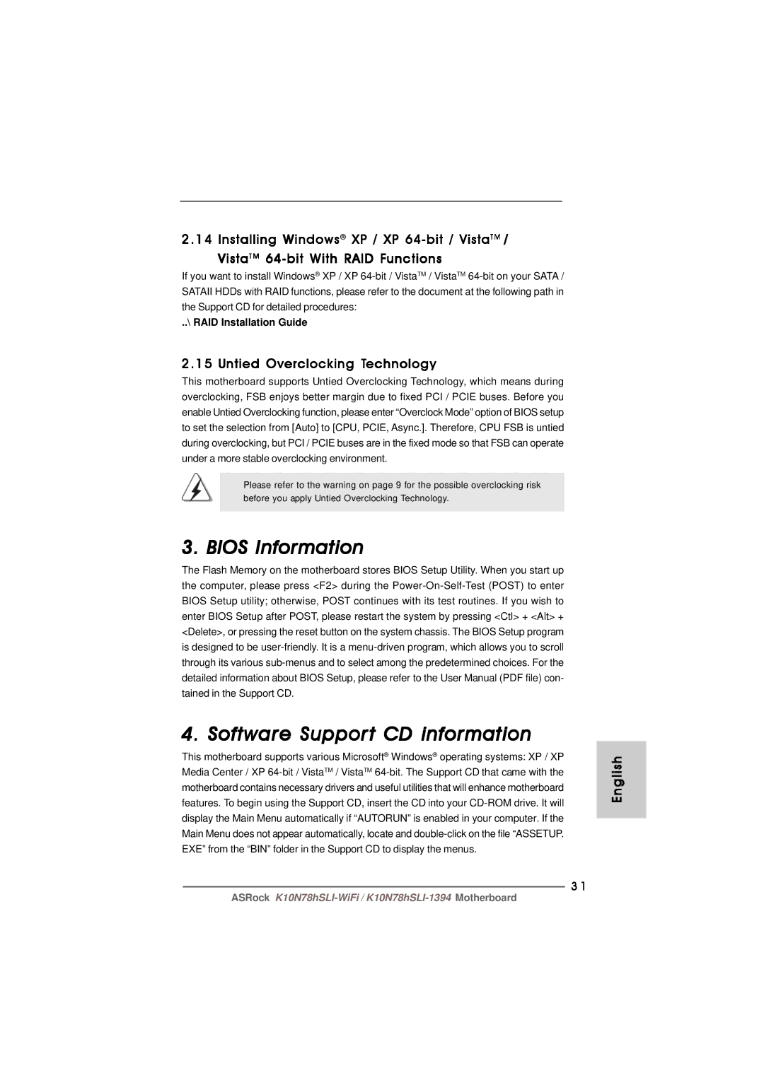 ASRock K10N78hSLI-WiFi manual Bios Information Software Support CD information, Untied Overclocking Technology 