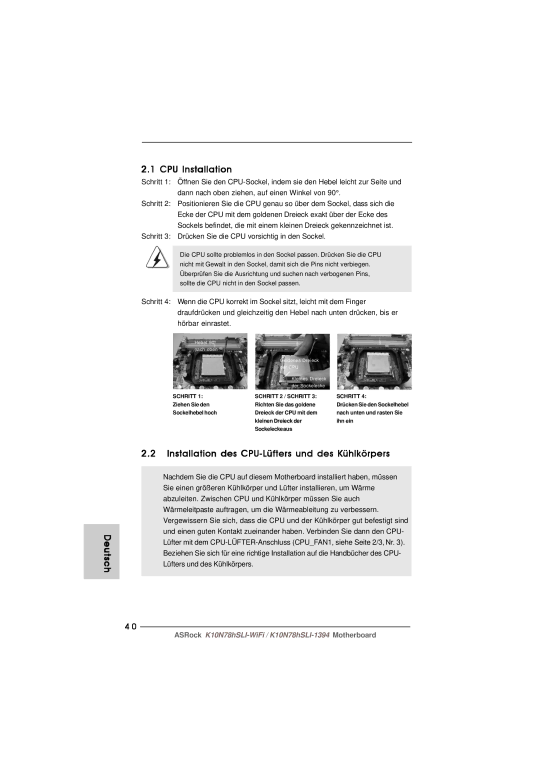 ASRock K10N78hSLI-WiFi manual Deutsch CPU Installation, Installation des CPU-Lüfters und des Kühlkörpers 