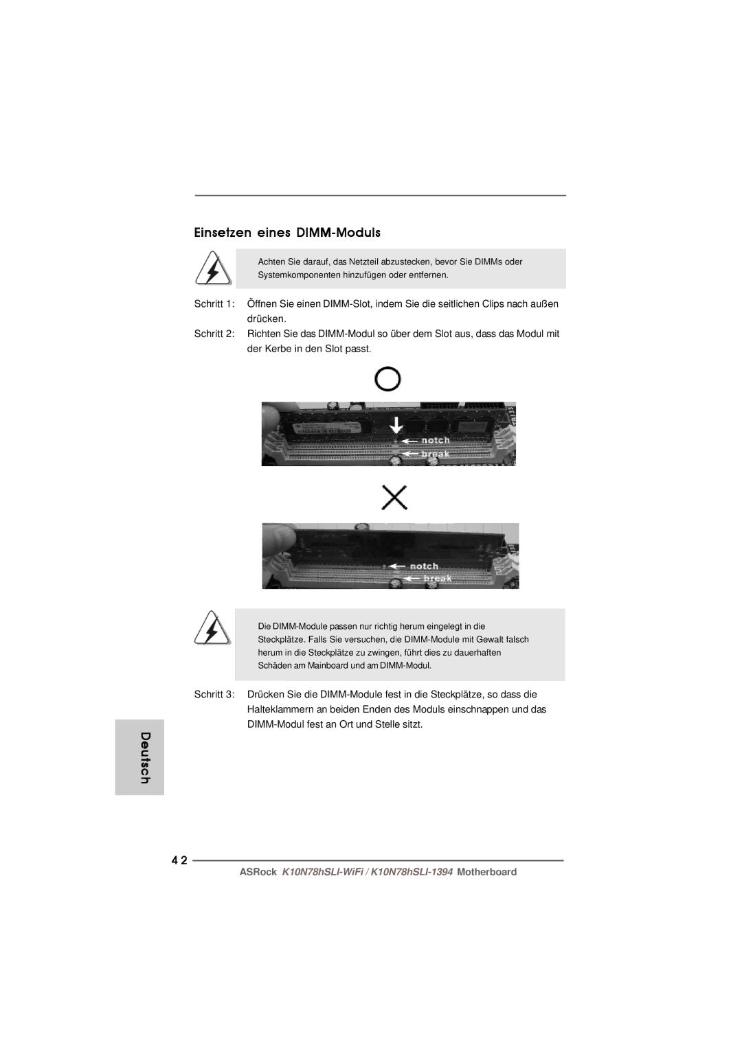 ASRock K10N78hSLI-WiFi manual Einsetzen eines DIMM-Moduls 