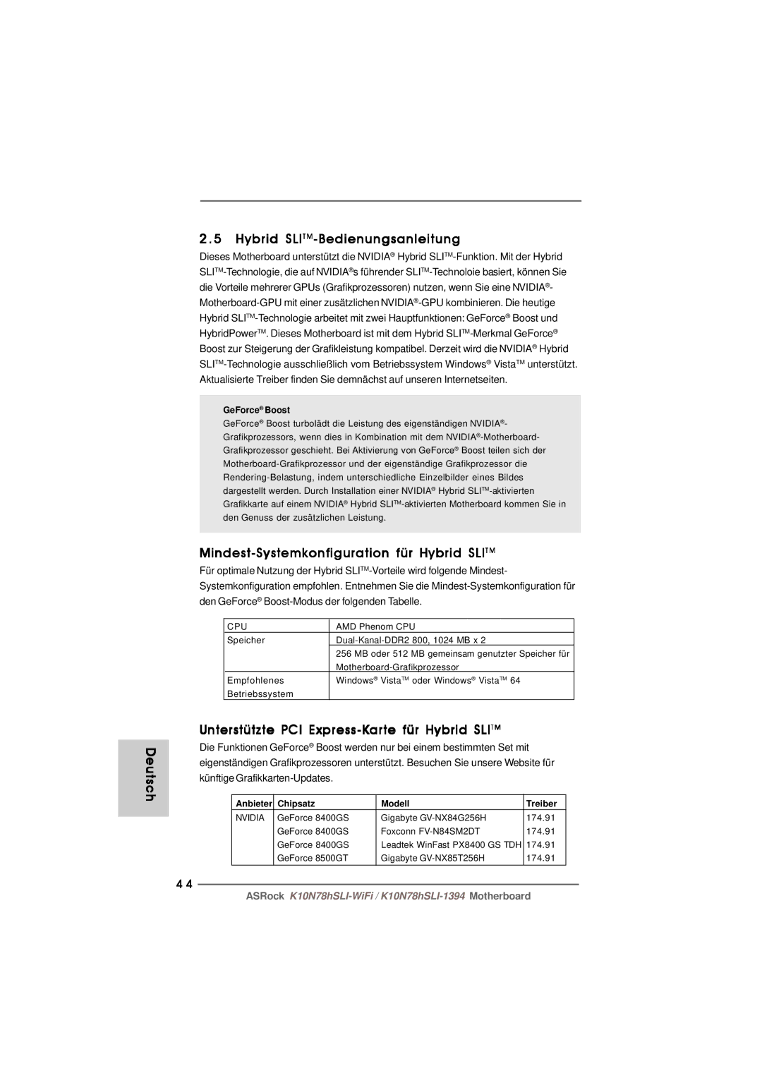 ASRock K10N78hSLI-WiFi manual Deutsch Hybrid SLITM-Bedienungsanleitung, Mindest-Systemkonfiguration für Hybrid Slitm 