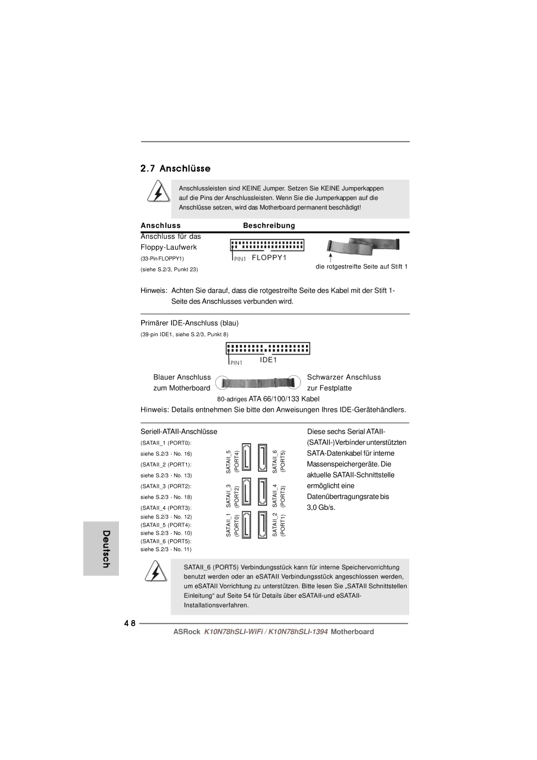 ASRock K10N78hSLI-WiFi manual Anschlüsse, Deutsch, Anschluss Beschreibung 