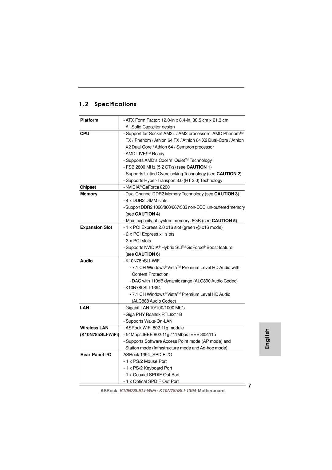 ASRock K10N78hSLI-WiFi manual Specifications 